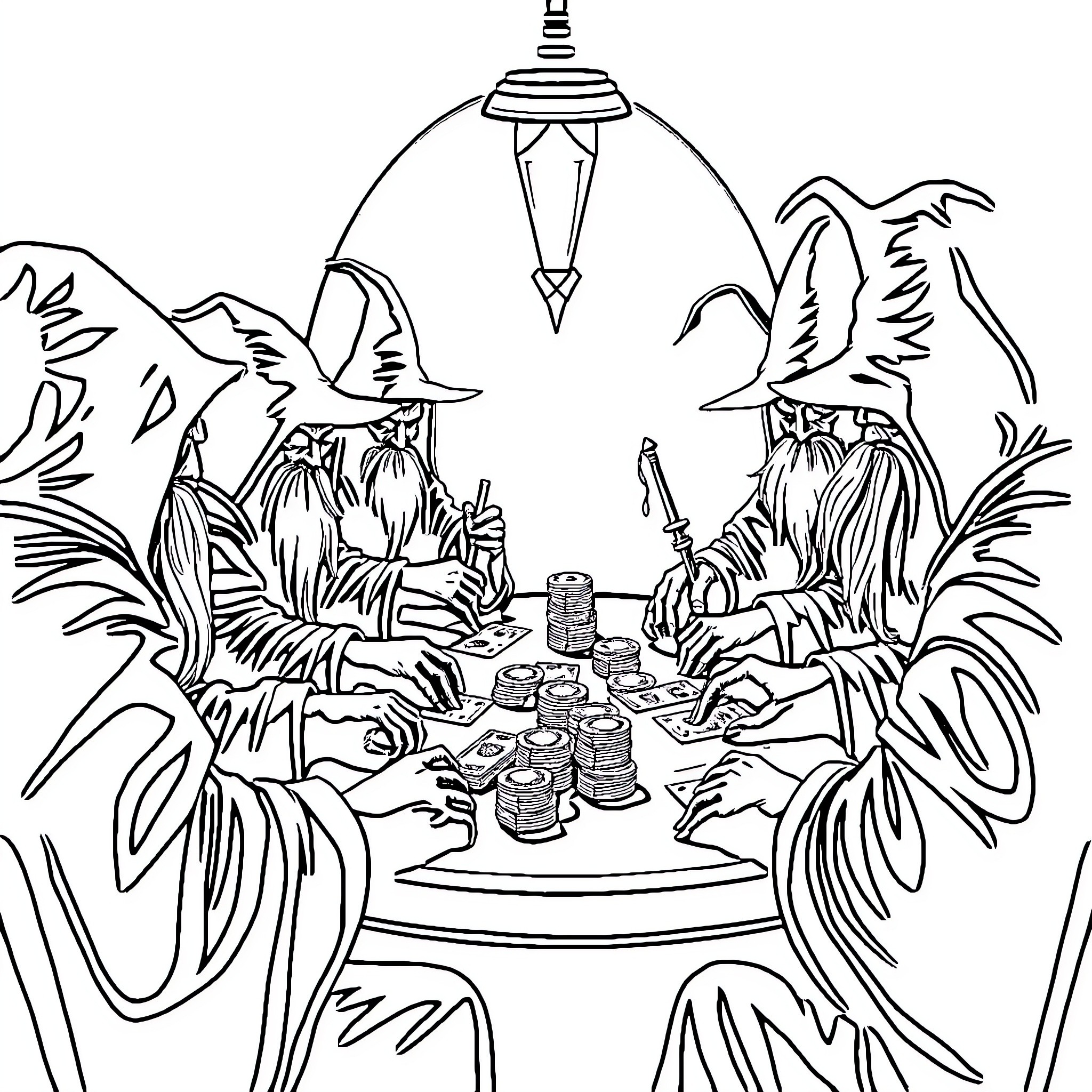 Wizard's Mysterious Gathering in Enchanted Forest Coloring Page (free black-and-white line drawing printable PDF for all, from beginners to advanced learners, including children, teens, adults, and seniors)