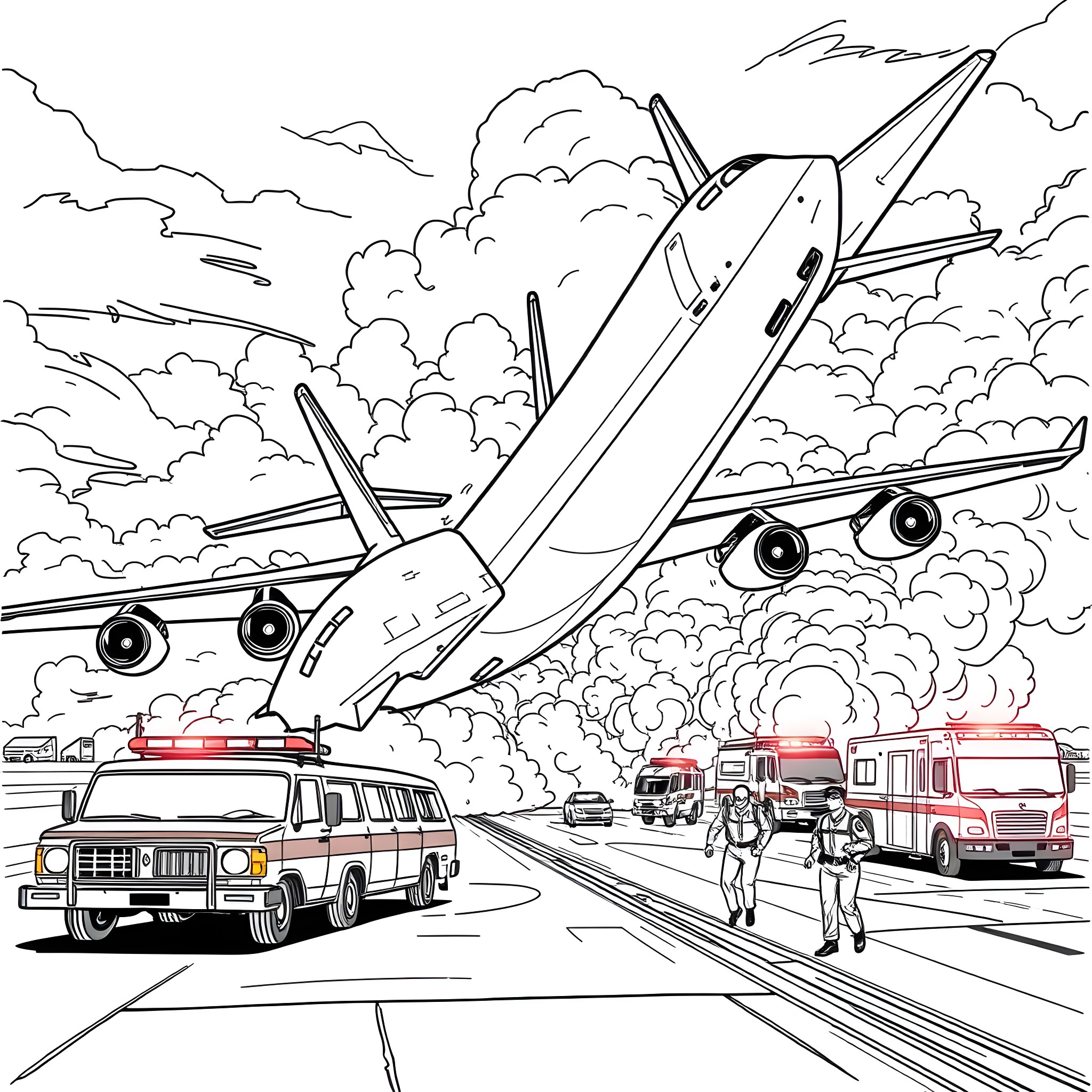 E-3 Sentry military aircraft in flight over urban scene Coloring Page (free black-and-white line drawing printable PDF for all, from beginners to advanced learners, including children, teens, adults, and seniors)