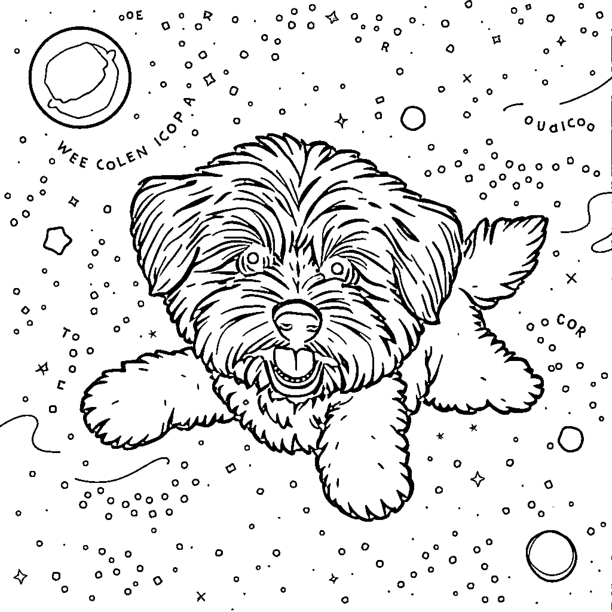 Cavoodle playing joyfully in the snow Coloring Page (free black-and-white line drawing printable PDF for all, from beginners to advanced learners, including children, teens, adults, and seniors)