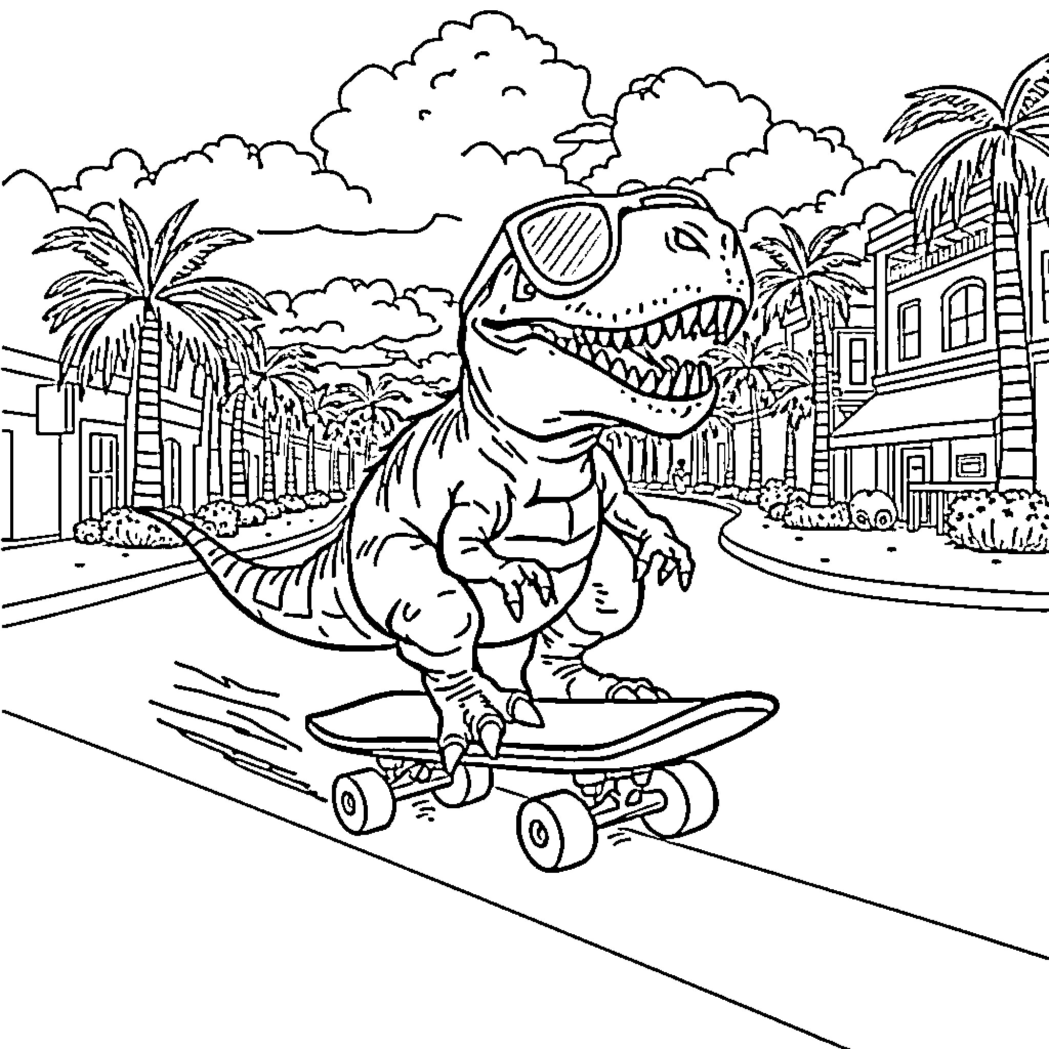 T-Rex riding skateboard through tropical city Coloring Page (free black-and-white line drawing printable PDF for all, from beginners to advanced learners, including children, teens, adults, and seniors)