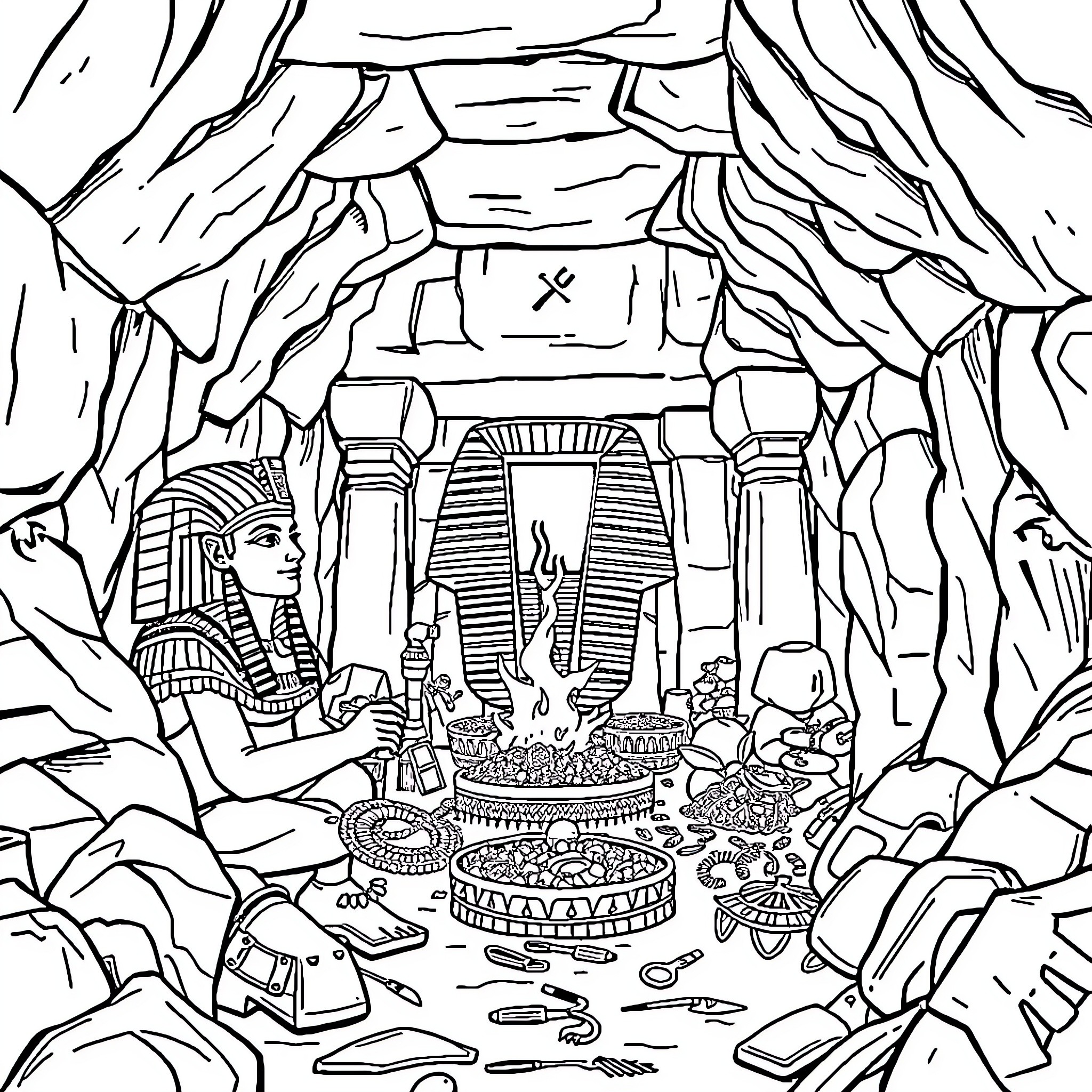 Tutankhamun's Tomb Exploration Coloring Page (free black-and-white line drawing printable PDF for all, from beginners to advanced learners, including children, teens, adults, and seniors)
