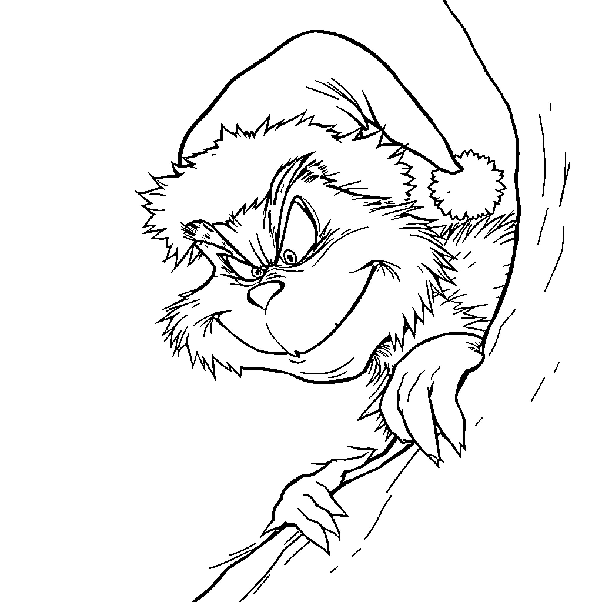 Grinch peering mischievously from behind a tree Coloring Page (free black-and-white line drawing printable PDF for all, from beginners to advanced learners, including children, teens, adults, and seniors)