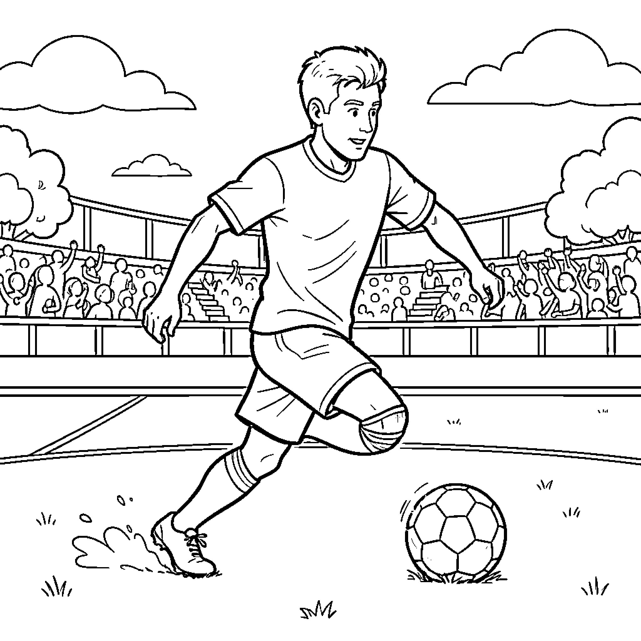 Football Player dribbling a ball in a stadium Coloring Page (free black-and-white line drawing printable PDF for all, from beginners to advanced learners, including children, teens, adults, and seniors)