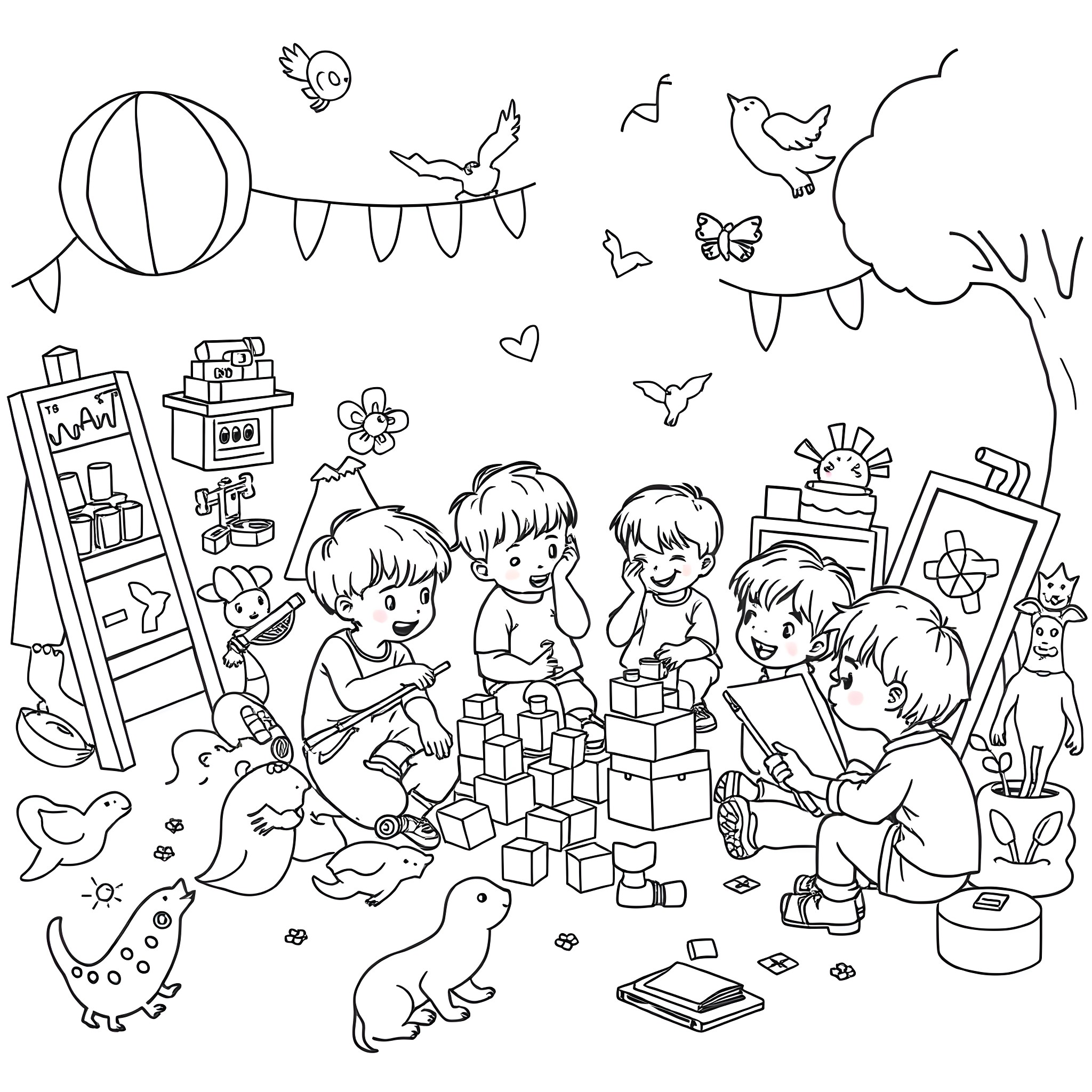 Kids playing with toys and exploring creatively Coloring Page (free black-and-white line drawing printable PDF for all, from beginners to advanced learners, including children, teens, adults, and seniors)