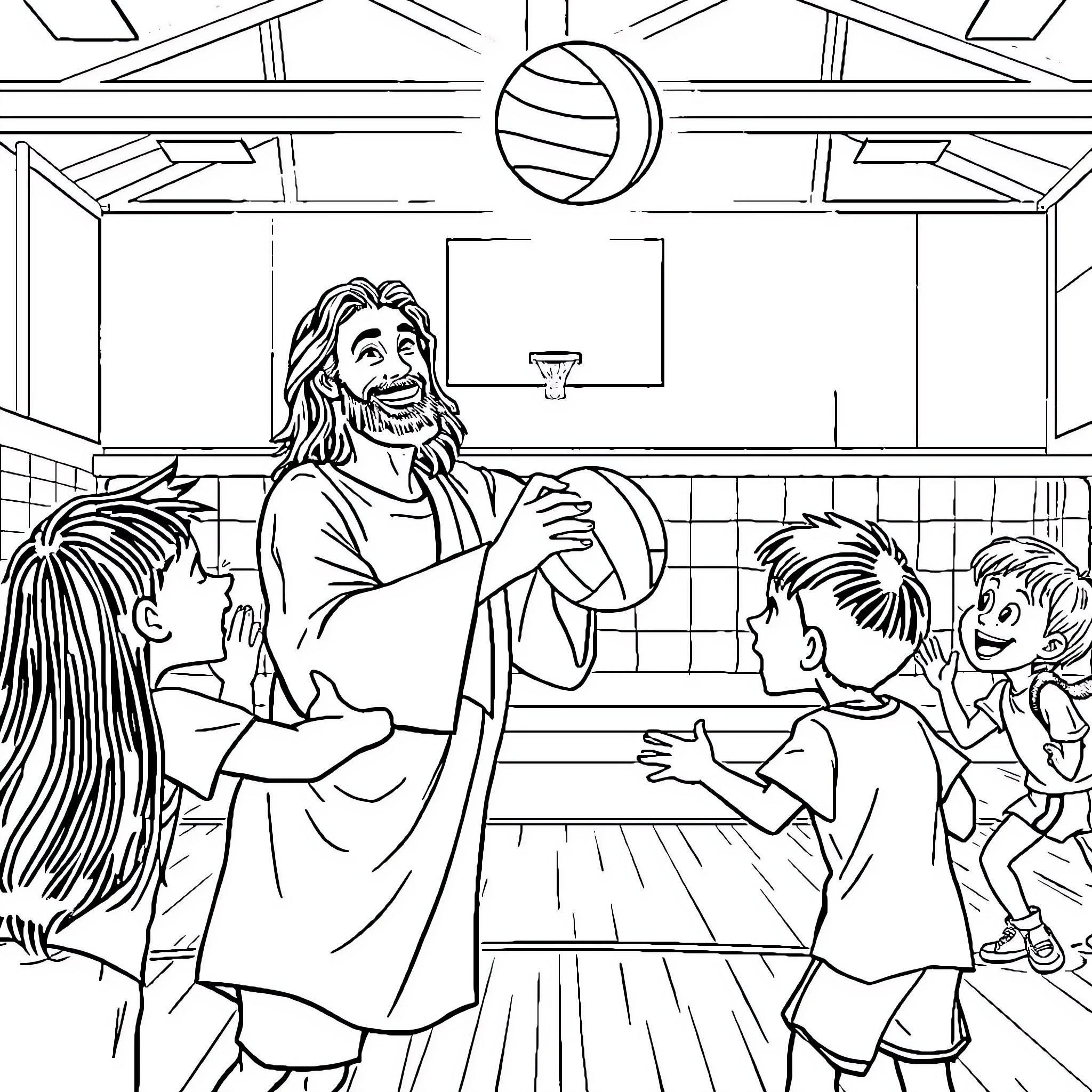 Jesus interacting with children in a community setting Coloring Page (free black-and-white line drawing printable PDF for all, from beginners to advanced learners, including children, teens, adults, and seniors)