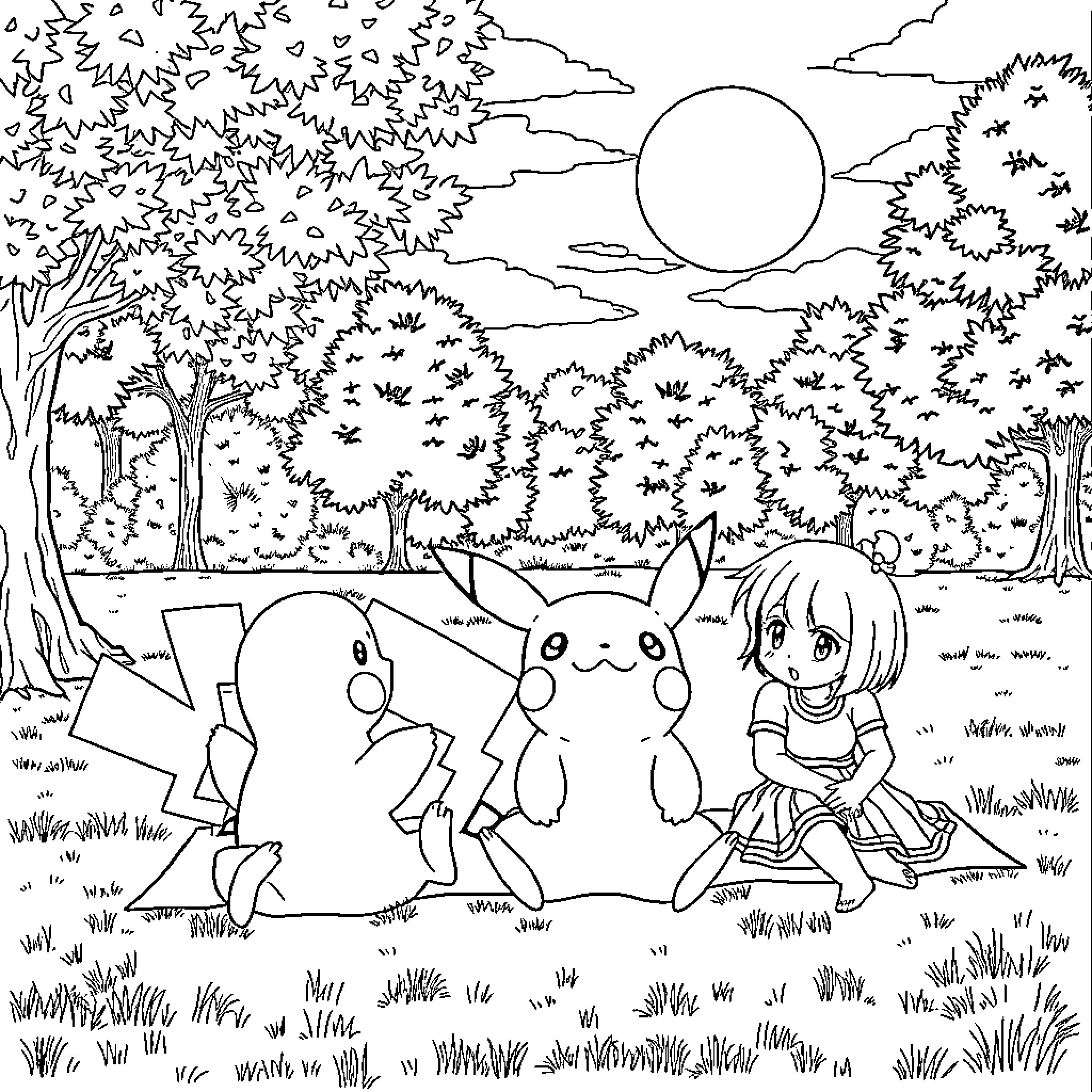 Pikachu and Friends Enjoying Nature Coloring Page (free black-and-white line drawing printable PDF for all, from beginners to advanced learners, including children, teens, adults, and seniors)