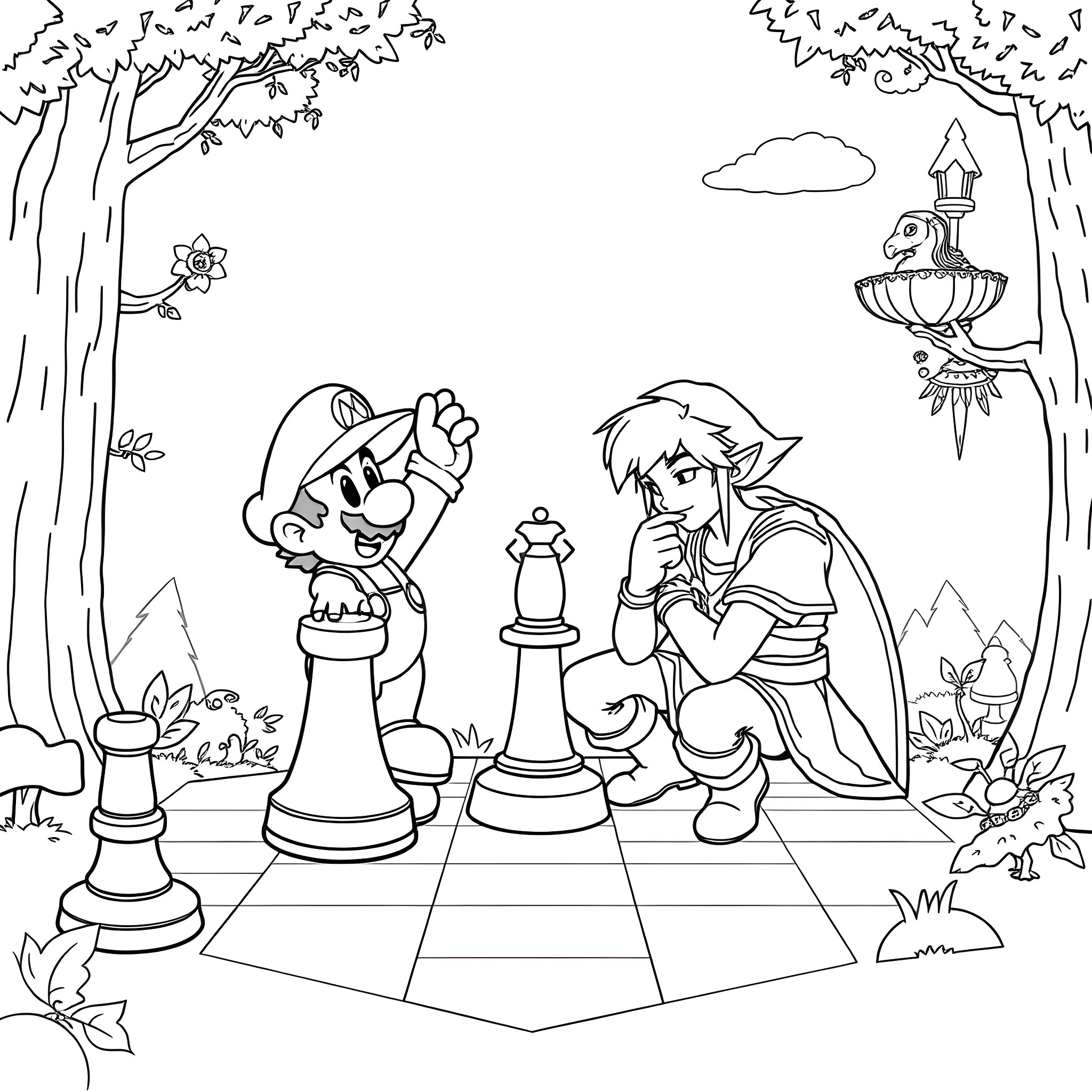 Mario Playing Chess with a Friend in the Forest Coloring Page (free black-and-white line drawing printable PDF for all, from beginners to advanced learners, including children, teens, adults, and seniors)