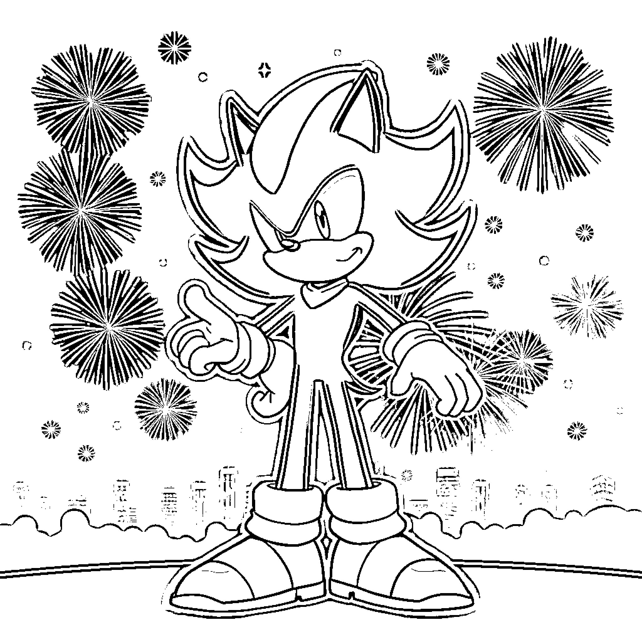 Shadow of Playful Hedgehog Amid Fireworks Coloring Page (free black-and-white line drawing printable PDF for all, from beginners to advanced learners, including children, teens, adults, and seniors)