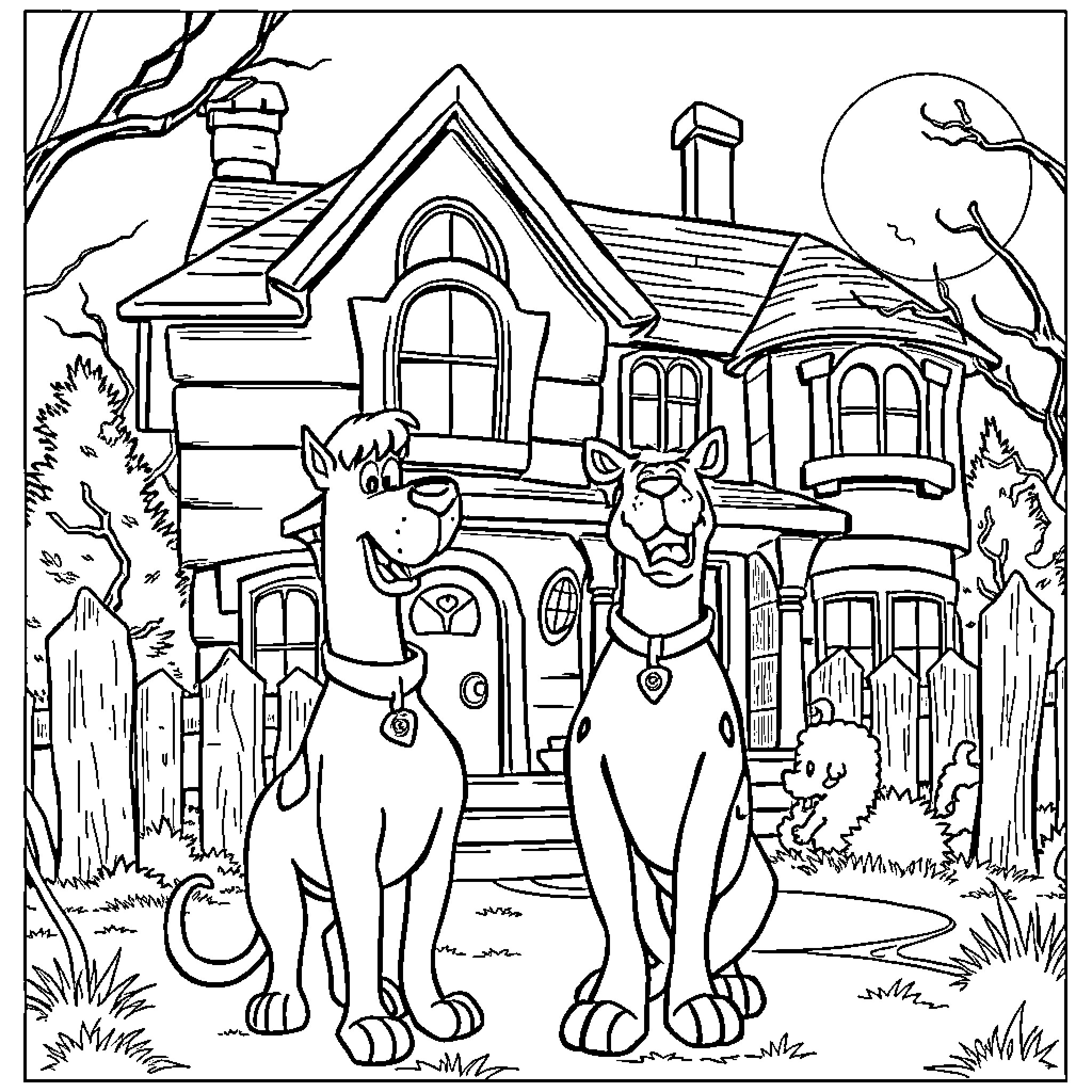 Scooby Doo and friends explore the haunted house Coloring Page (free black-and-white line drawing printable PDF for all, from beginners to advanced learners, including children, teens, adults, and seniors)
