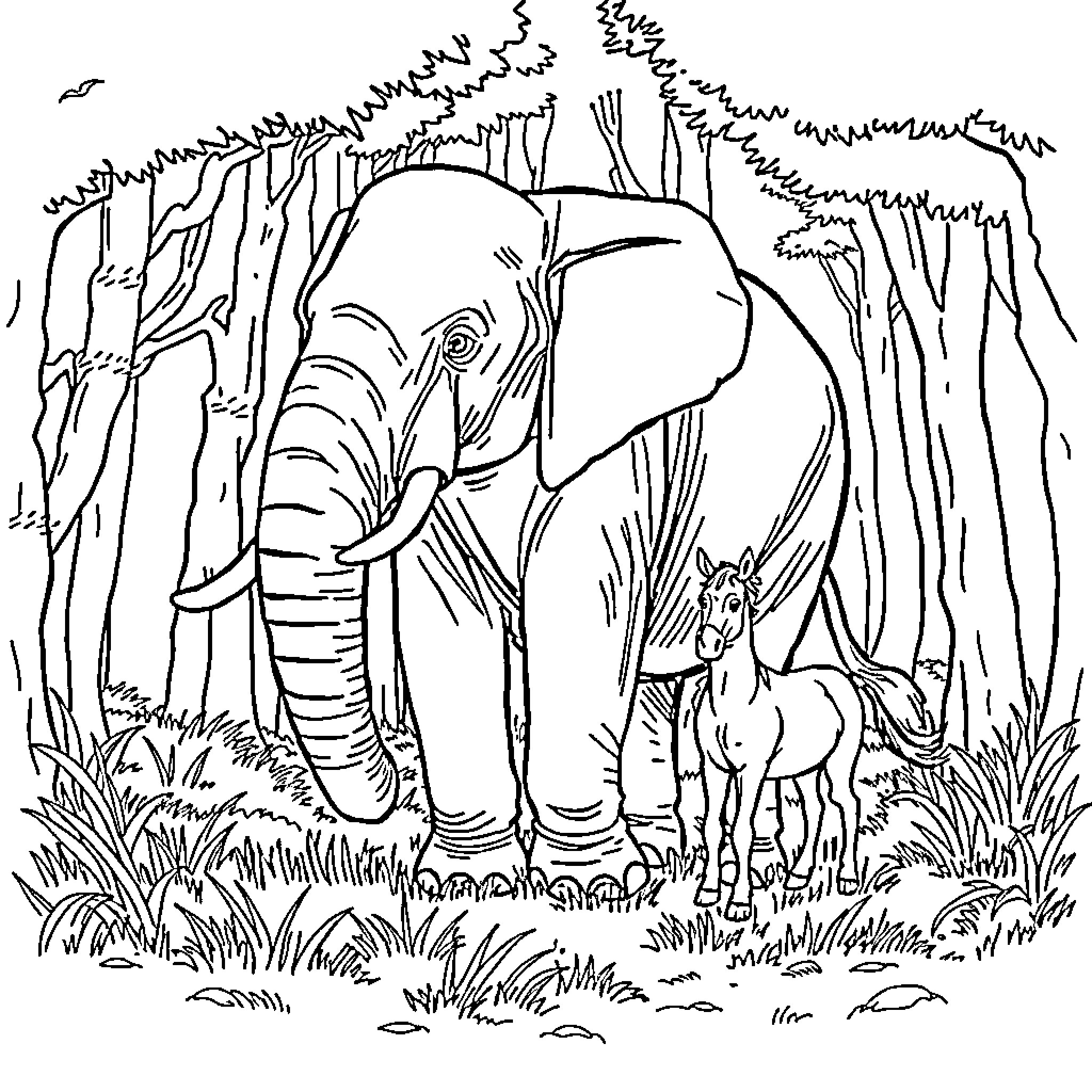 Elephant roaming the lush forest with companion Coloring Page (free black-and-white line drawing printable PDF for all, from beginners to advanced learners, including children, teens, adults, and seniors)