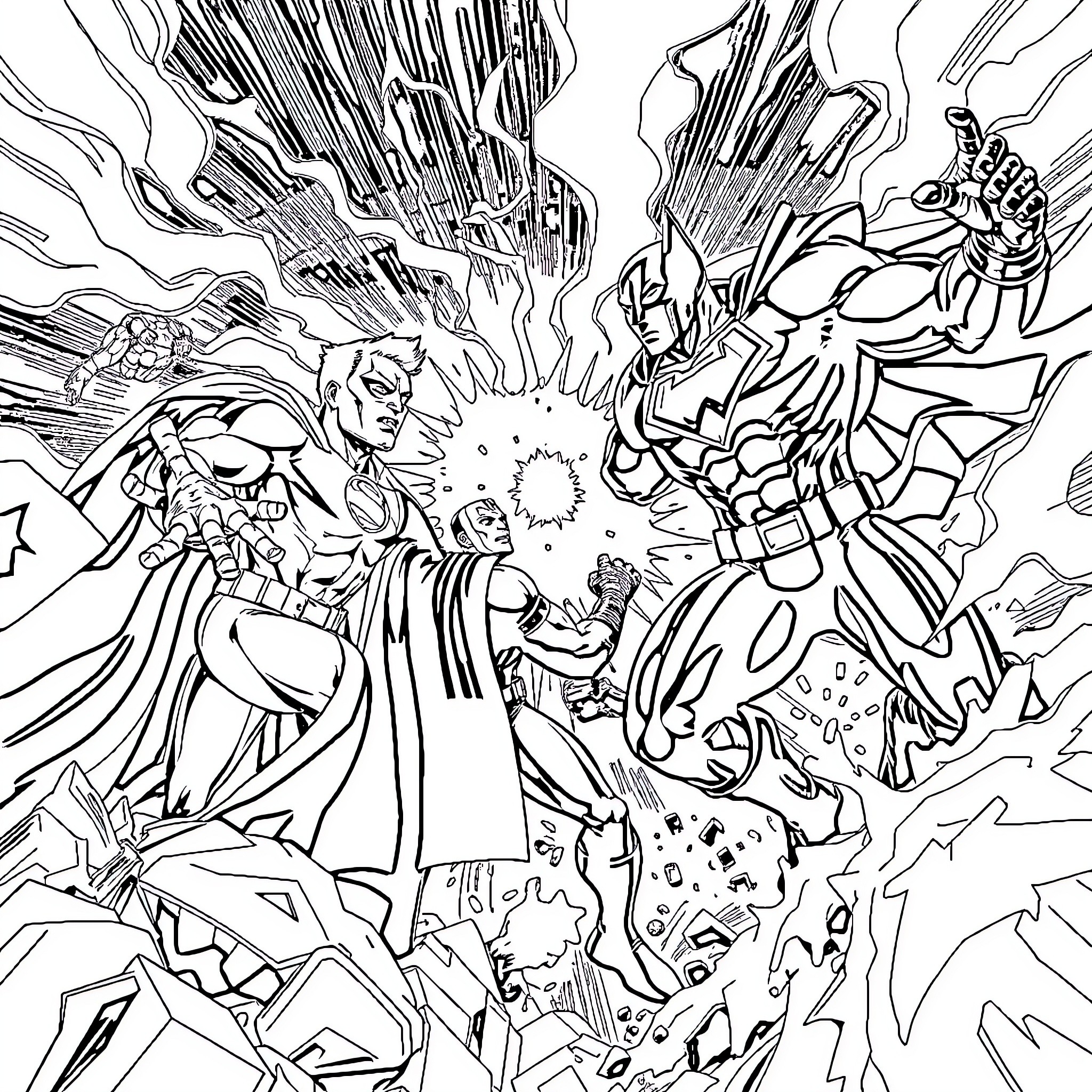 Marvel vs DC - Superheroes in Epic Battle Coloring Page (free black-and-white line drawing printable PDF for all, from beginners to advanced learners, including children, teens, adults, and seniors)