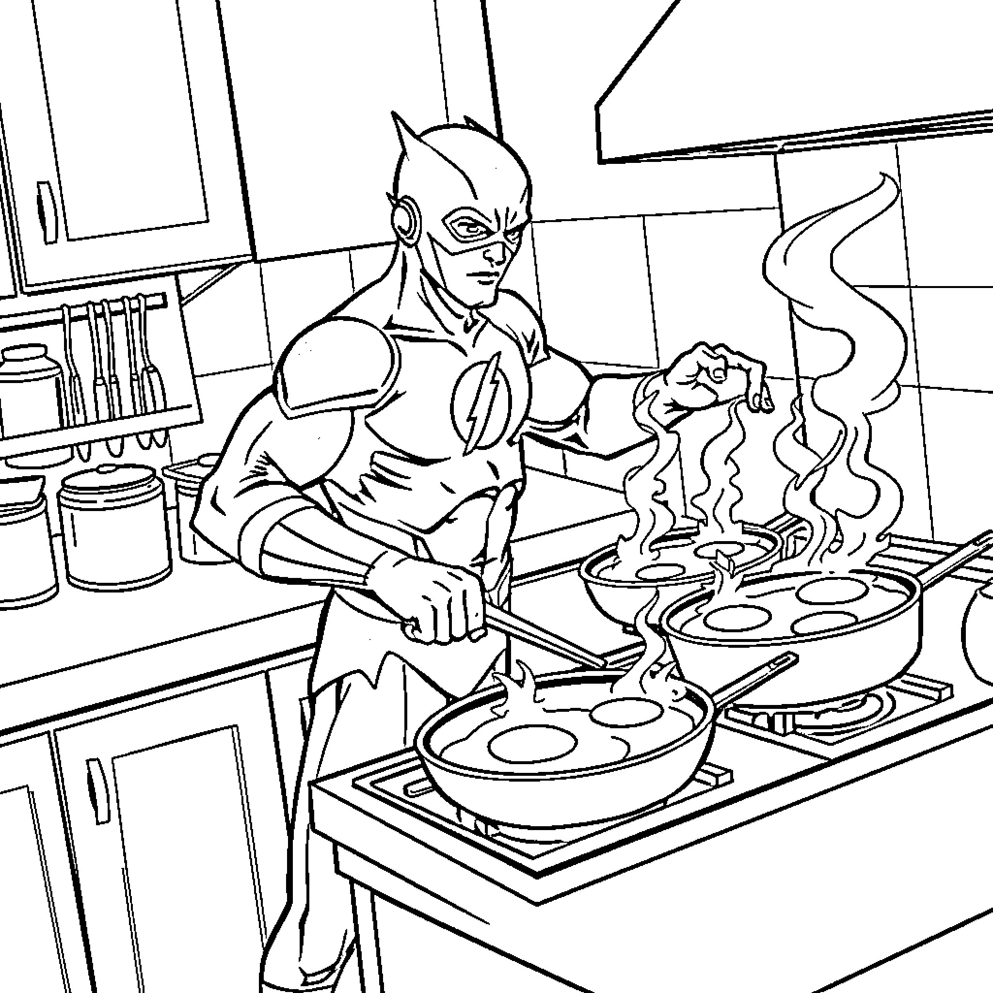 Flash Cooking Delicious Meals in the Kitchen Coloring Page (free black-and-white line drawing printable PDF for all, from beginners to advanced learners, including children, teens, adults, and seniors)