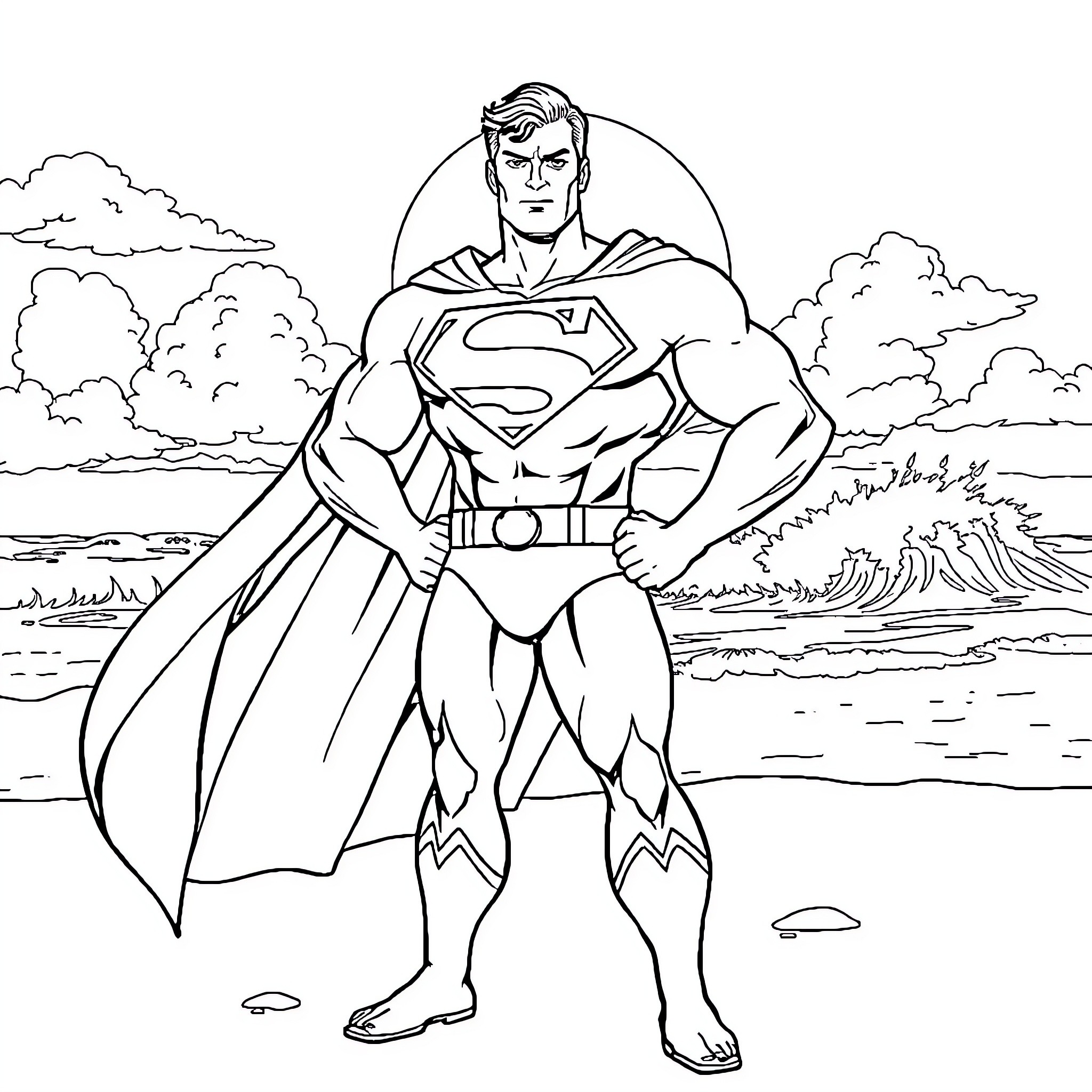 Superman stands heroically on the beach Coloring Page (free black-and-white line drawing printable PDF for all, from beginners to advanced learners, including children, teens, adults, and seniors)