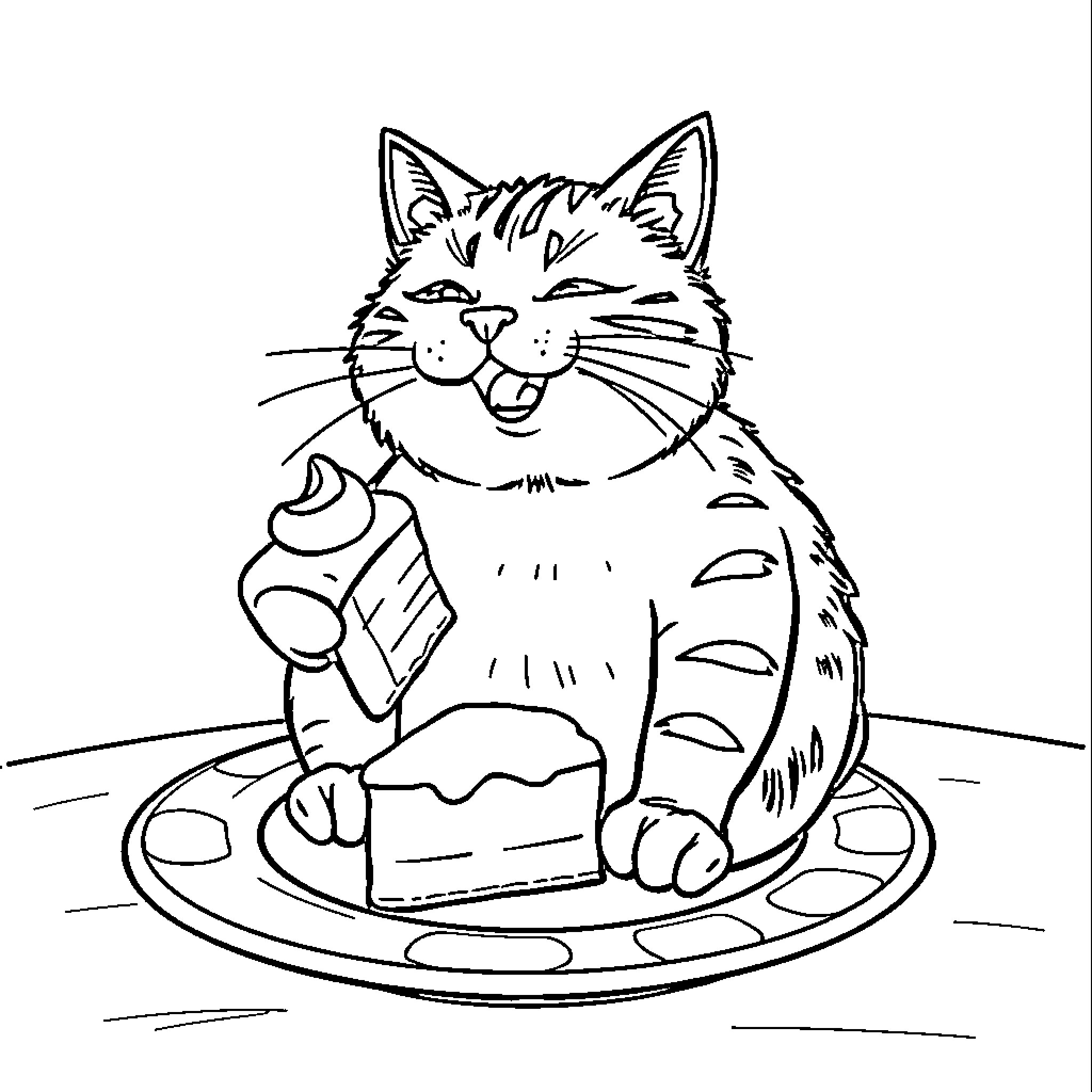 Cat enjoying a tasty treat Coloring Page (free black-and-white line drawing printable PDF for all, from beginners to advanced learners, including children, teens, adults, and seniors)