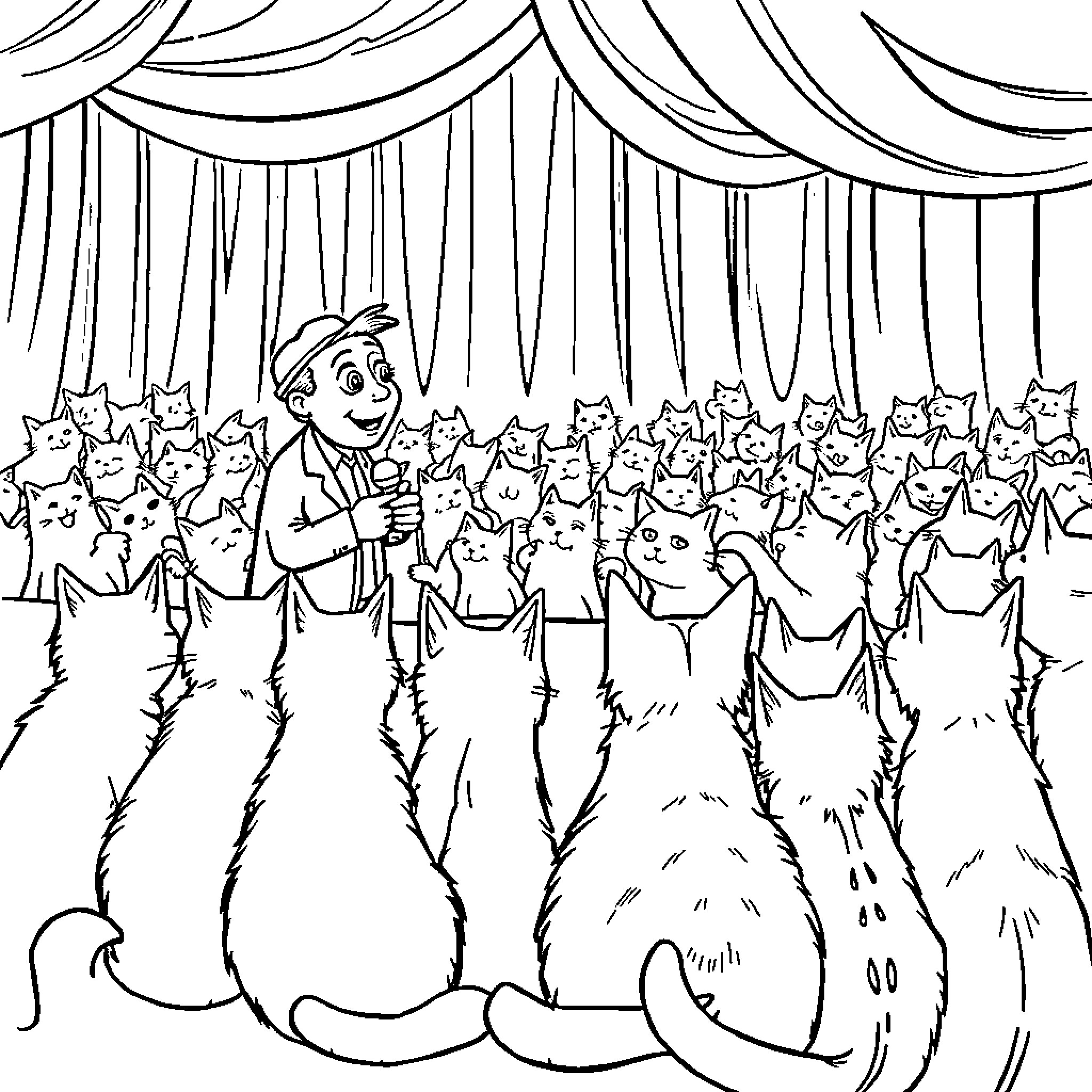 Comedian performing for a crowd of cats on stage Coloring Page (free black-and-white line drawing printable PDF for all, from beginners to advanced learners, including children, teens, adults, and seniors)