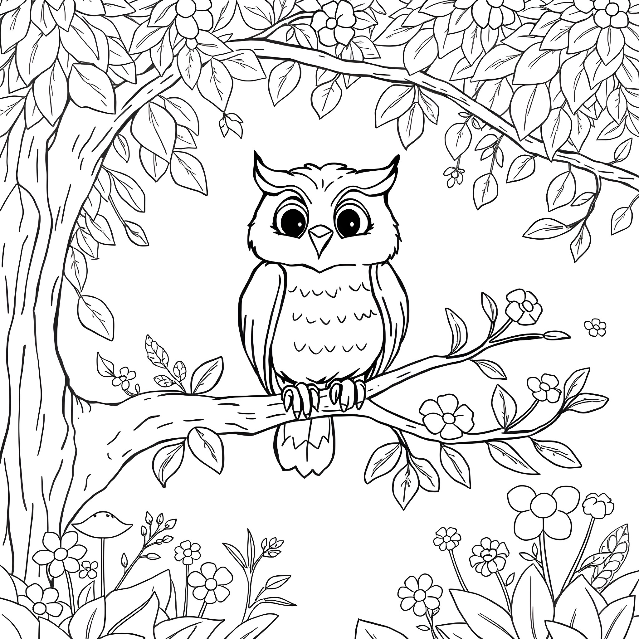Owl perched on a branch in a floral forest Coloring Page (free black-and-white line drawing printable PDF for all, from beginners to advanced learners, including children, teens, adults, and seniors)