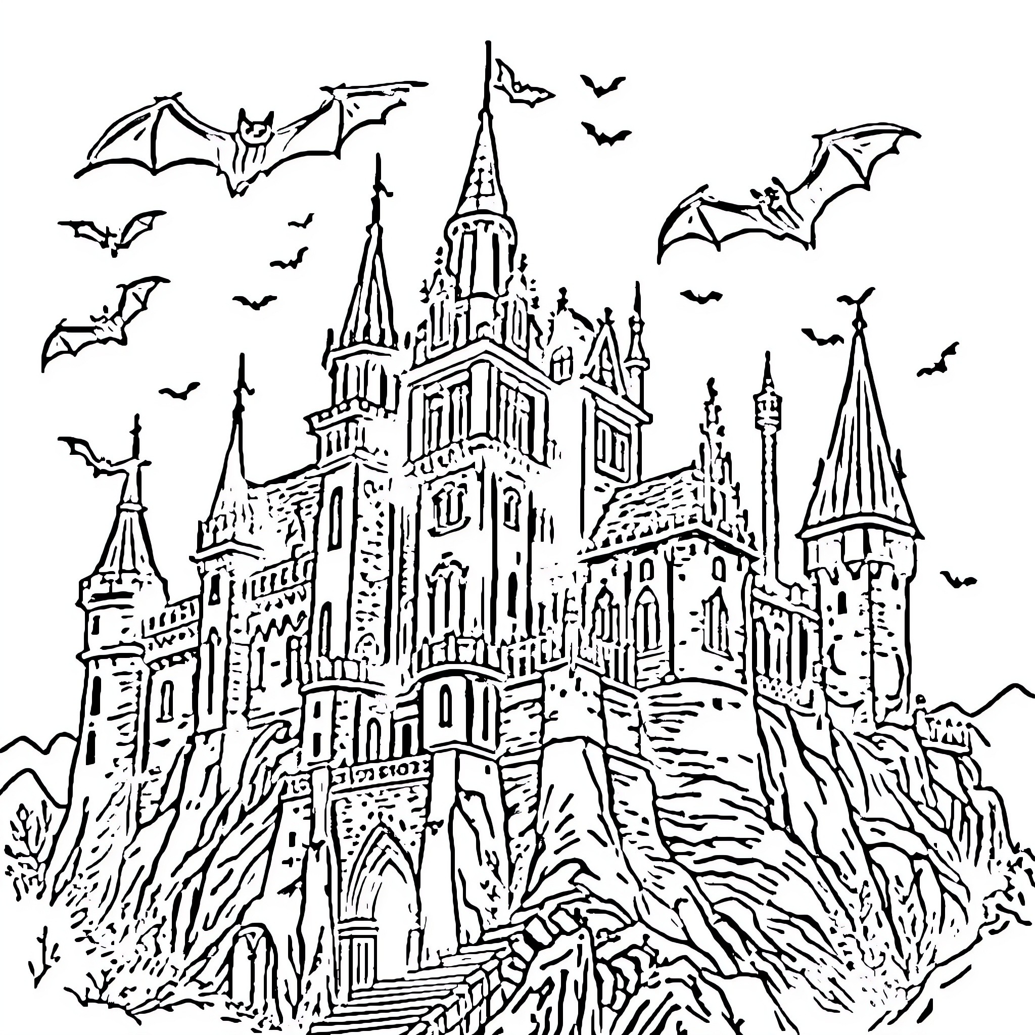 Castle with Bats and Spooky Atmosphere Coloring Page (free black-and-white line drawing printable PDF for all, from beginners to advanced learners, including children, teens, adults, and seniors)