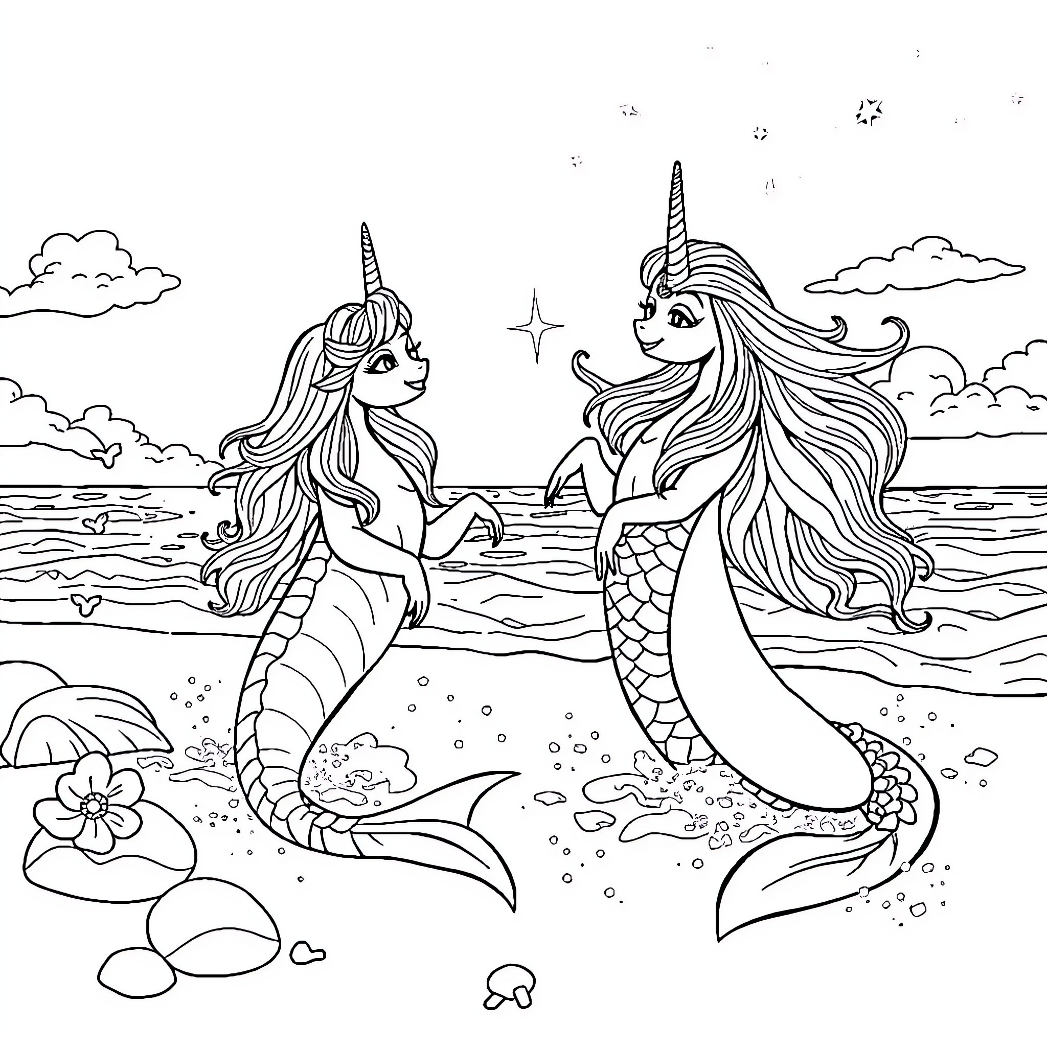 Siren mermaids conversing by the seashore Coloring Page (free black-and-white line drawing printable PDF for all, from beginners to advanced learners, including children, teens, adults, and seniors)