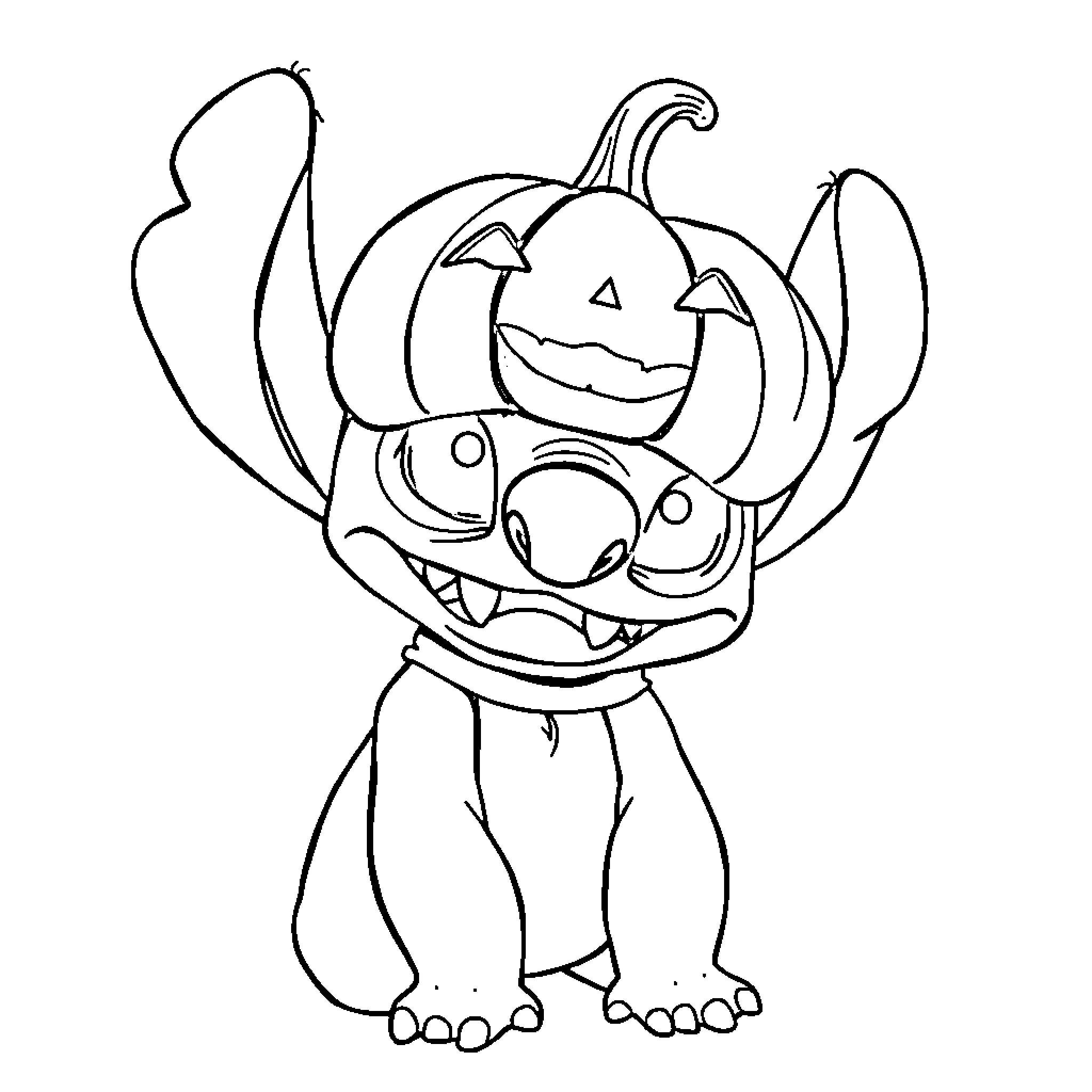 Stitch in Halloween costume Coloring Page (free black-and-white line drawing printable PDF for all, from beginners to advanced learners, including children, teens, adults, and seniors)