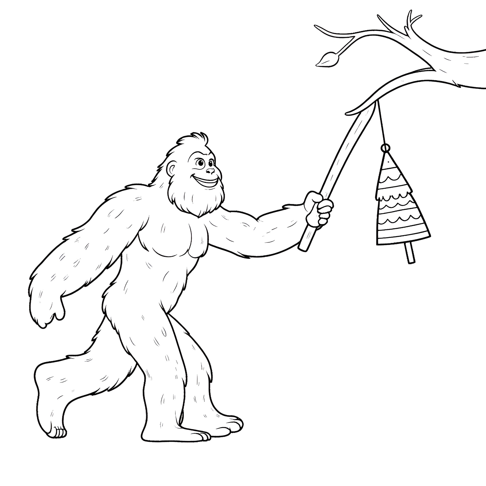 Bigfoot decorating a tree with ornaments Coloring Page (free black-and-white line drawing printable PDF for all, from beginners to advanced learners, including children, teens, adults, and seniors)