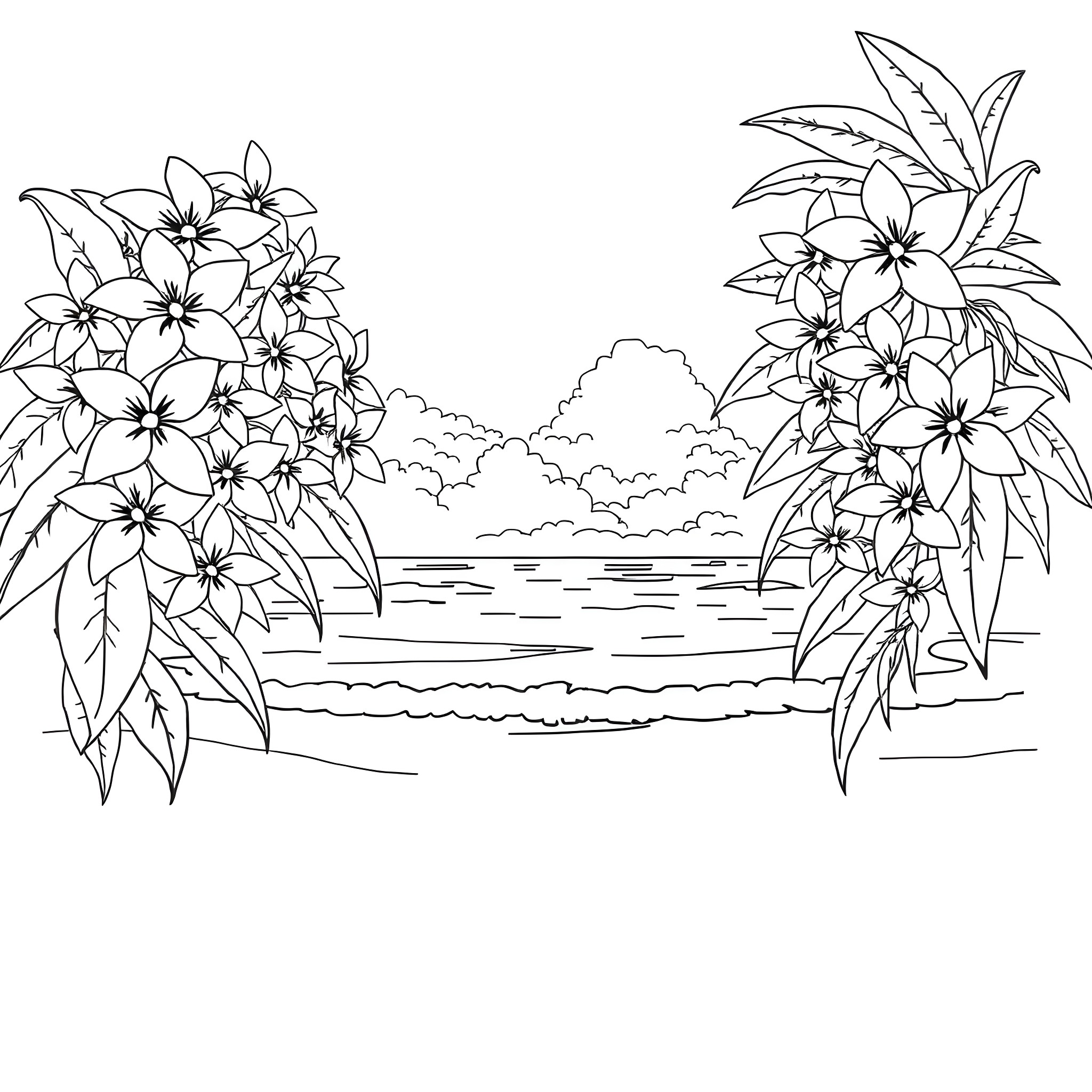 Plumeria flowers blooming by the tropical beach Coloring Page (free black-and-white line drawing printable PDF for all, from beginners to advanced learners, including children, teens, adults, and seniors)