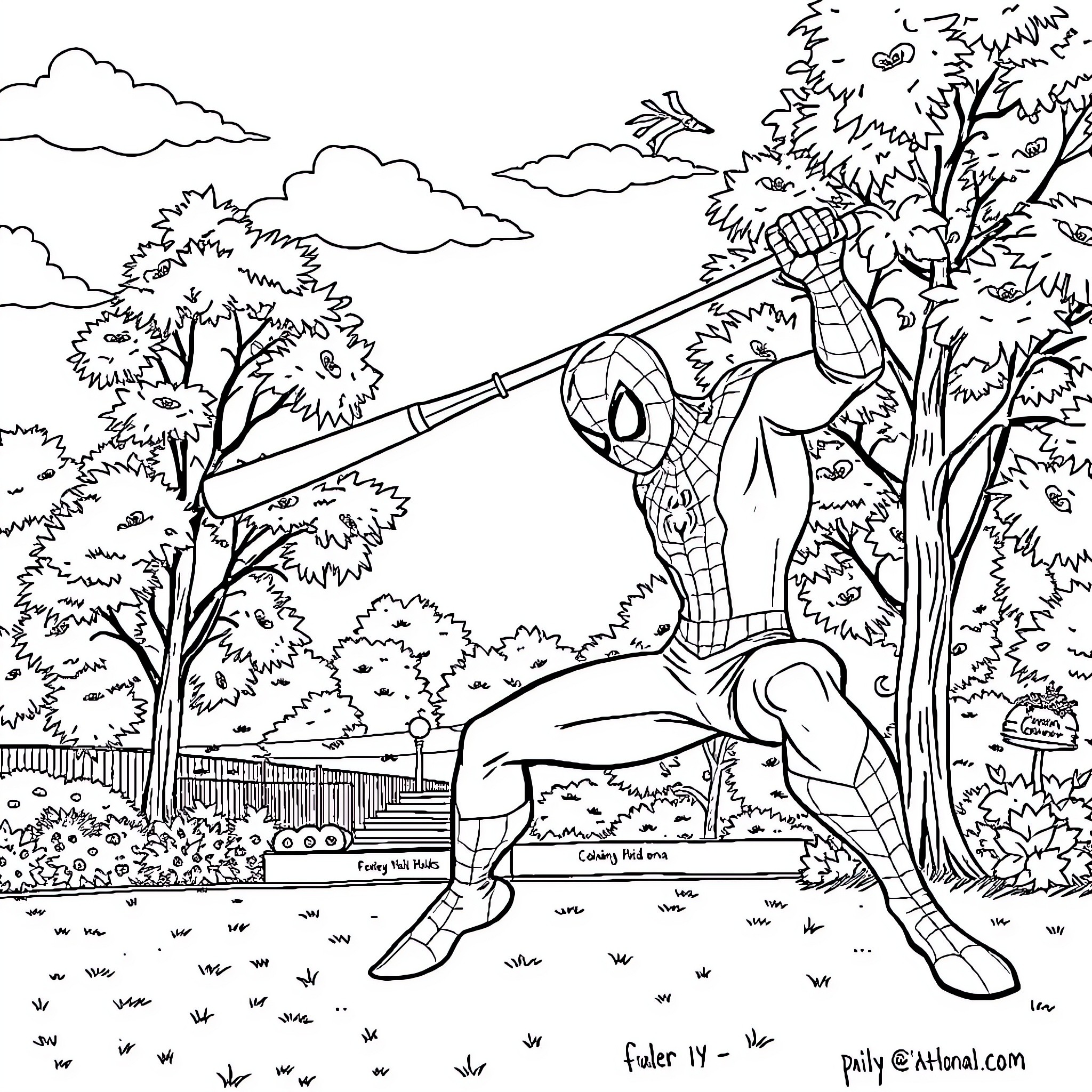 Spiderman climbing a tree in the forest Coloring Page (free black-and-white line drawing printable PDF for all, from beginners to advanced learners, including children, teens, adults, and seniors)