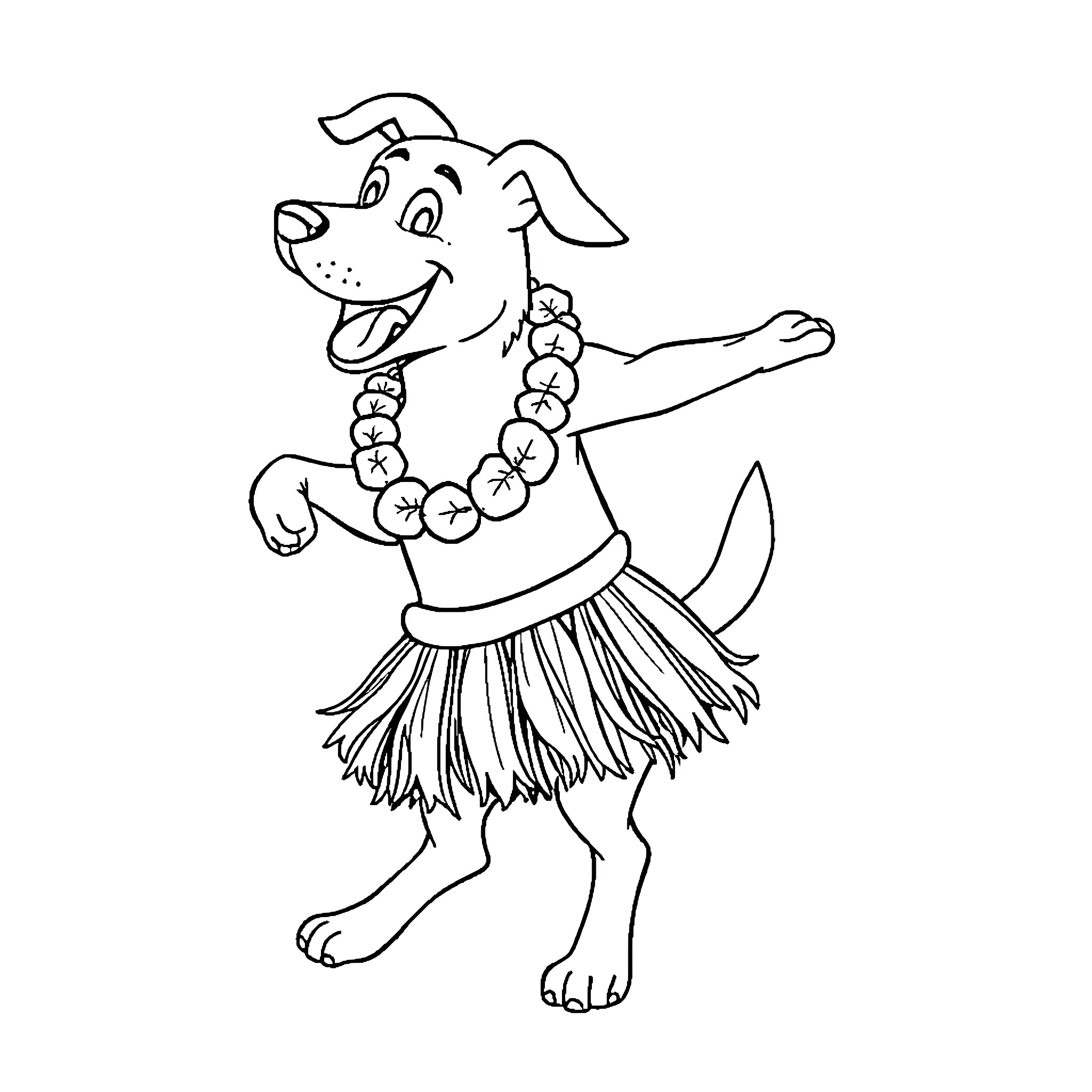 Dog wearing Hawaiian costume and dancing Coloring Page (free black-and-white line drawing printable PDF for all, from beginners to advanced learners, including children, teens, adults, and seniors)