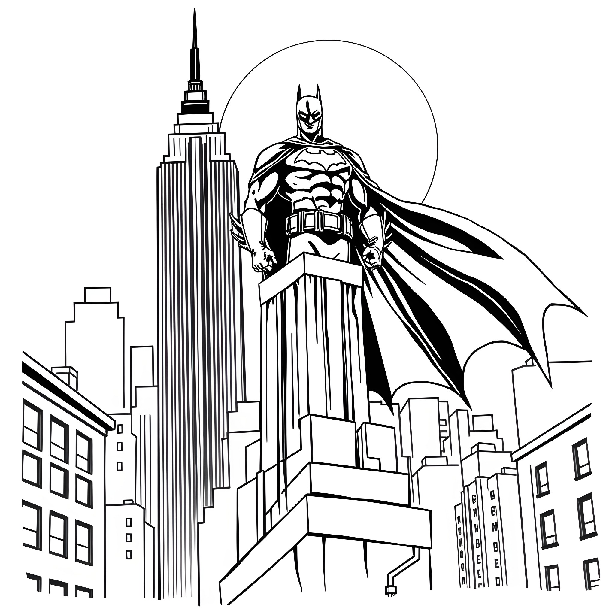 Batman stands tall in the city skyline Coloring Page (free black-and-white line drawing printable PDF for all, from beginners to advanced learners, including children, teens, adults, and seniors)