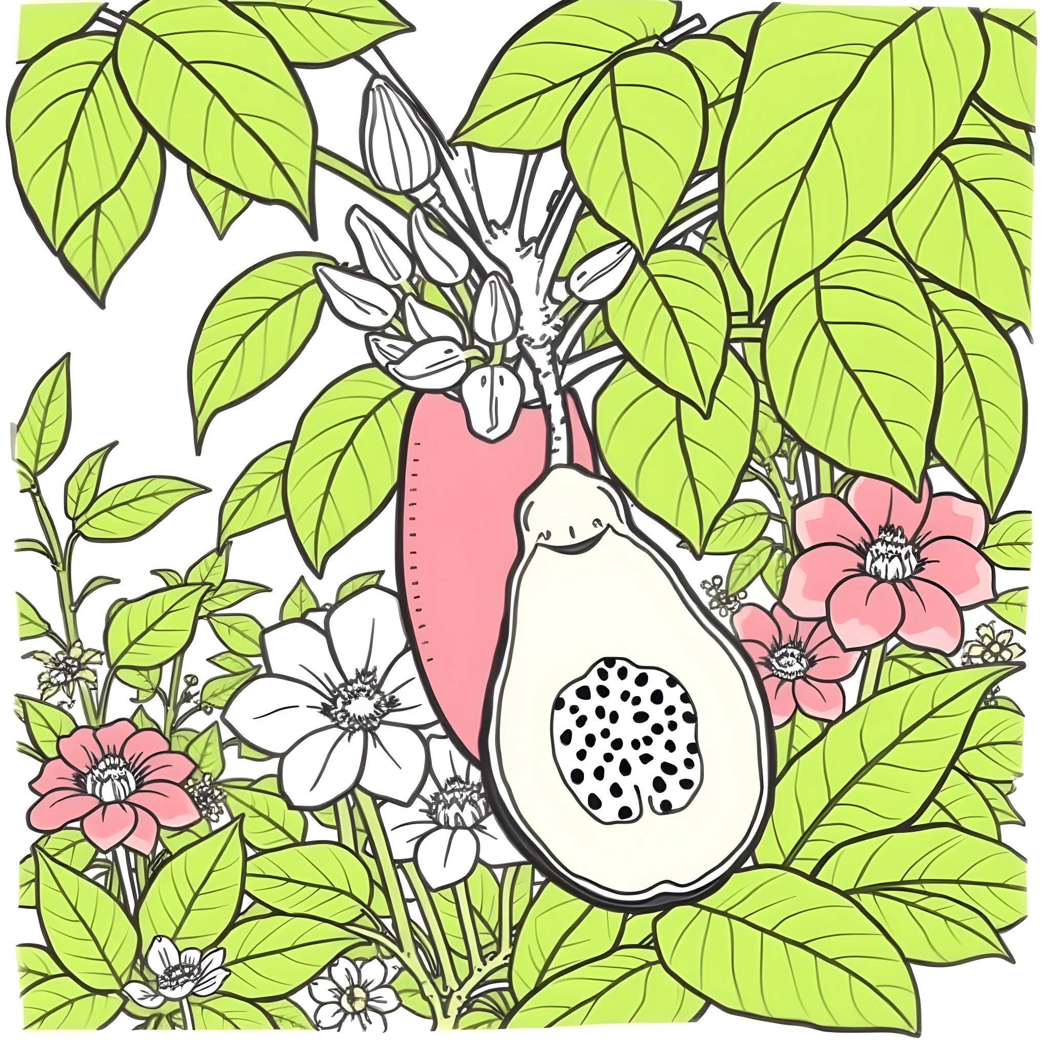 Buddha's Hand Fruit with Flowers and Foliage Coloring Page (free black-and-white line drawing printable PDF for all, from beginners to advanced learners, including children, teens, adults, and seniors)