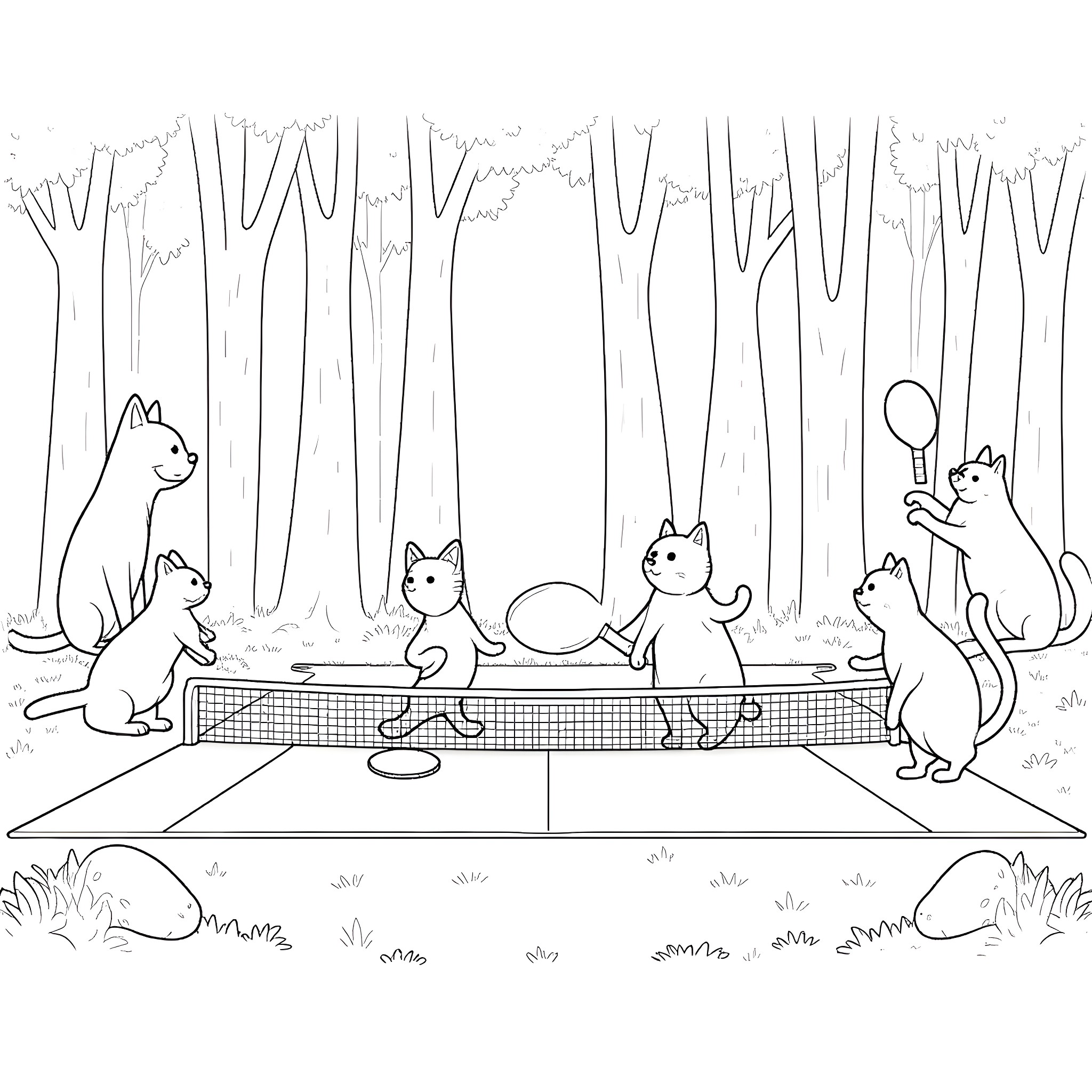 Cats playing ping pong in the forest Coloring Page (free black-and-white line drawing printable PDF for all, from beginners to advanced learners, including children, teens, adults, and seniors)
