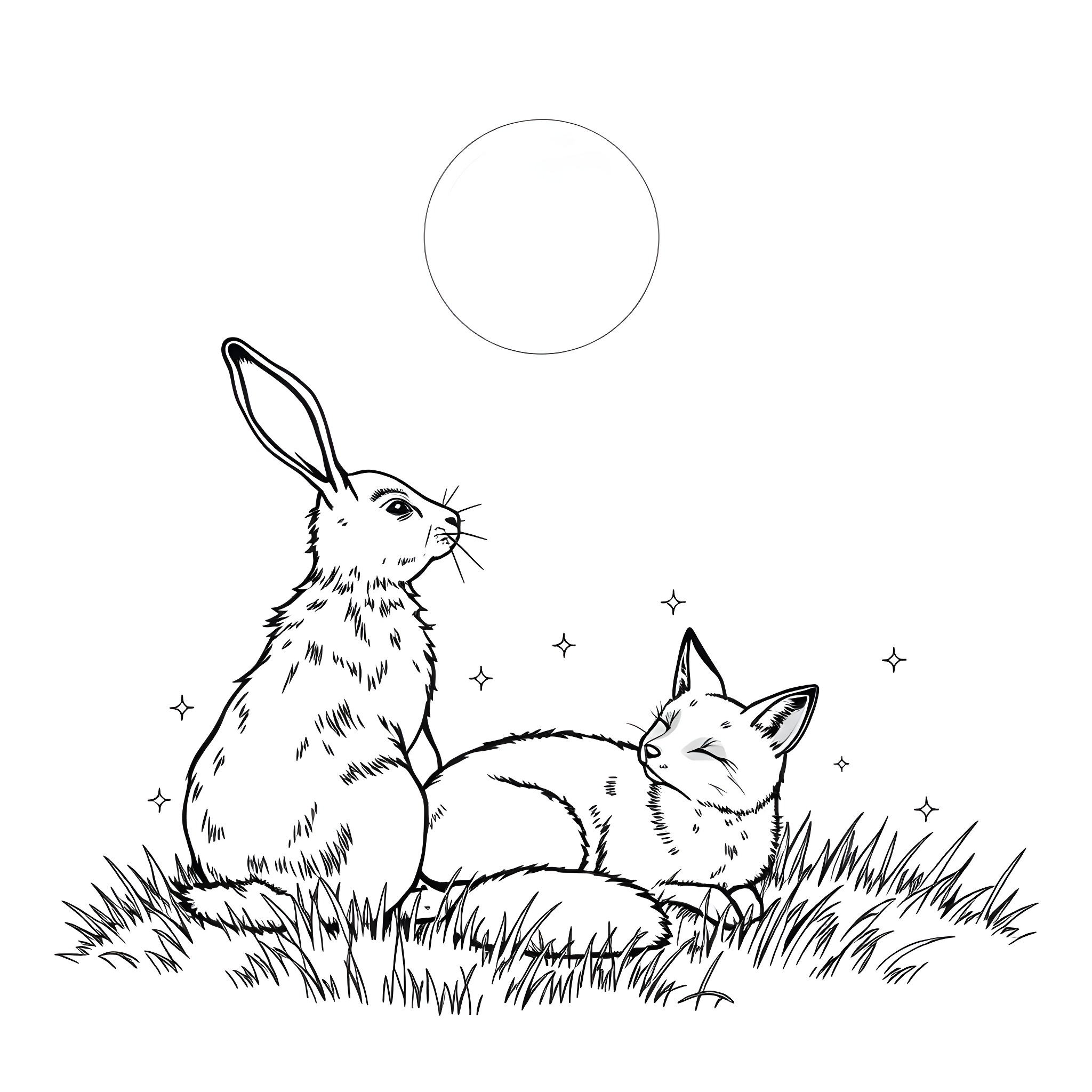 Hare and cat relaxing under the moon Coloring Page (free black-and-white line drawing printable PDF for all, from beginners to advanced learners, including children, teens, adults, and seniors)
