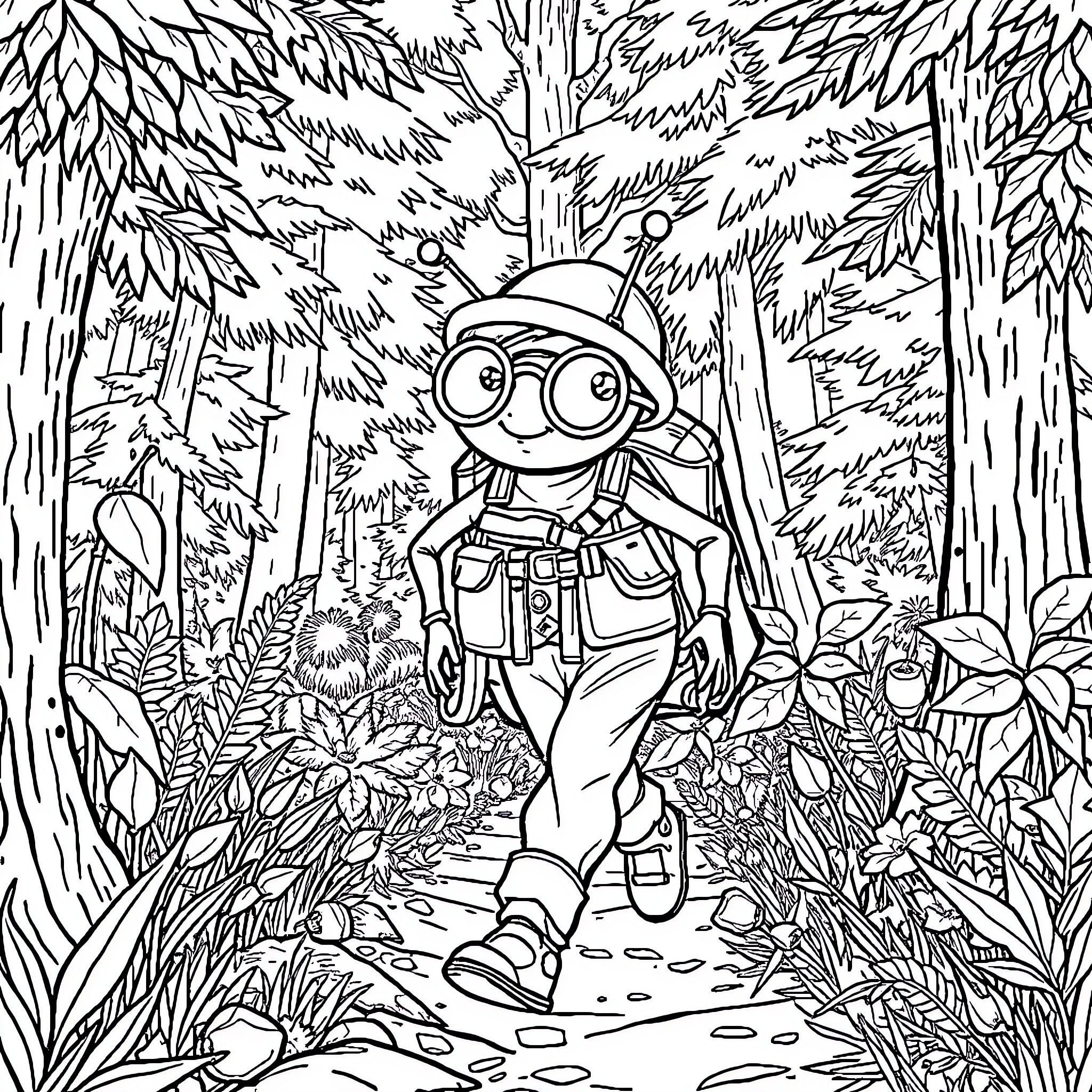 Bug Explorer in the Enchanted Forest Coloring Page (free black-and-white line drawing printable PDF for all, from beginners to advanced learners, including children, teens, adults, and seniors)