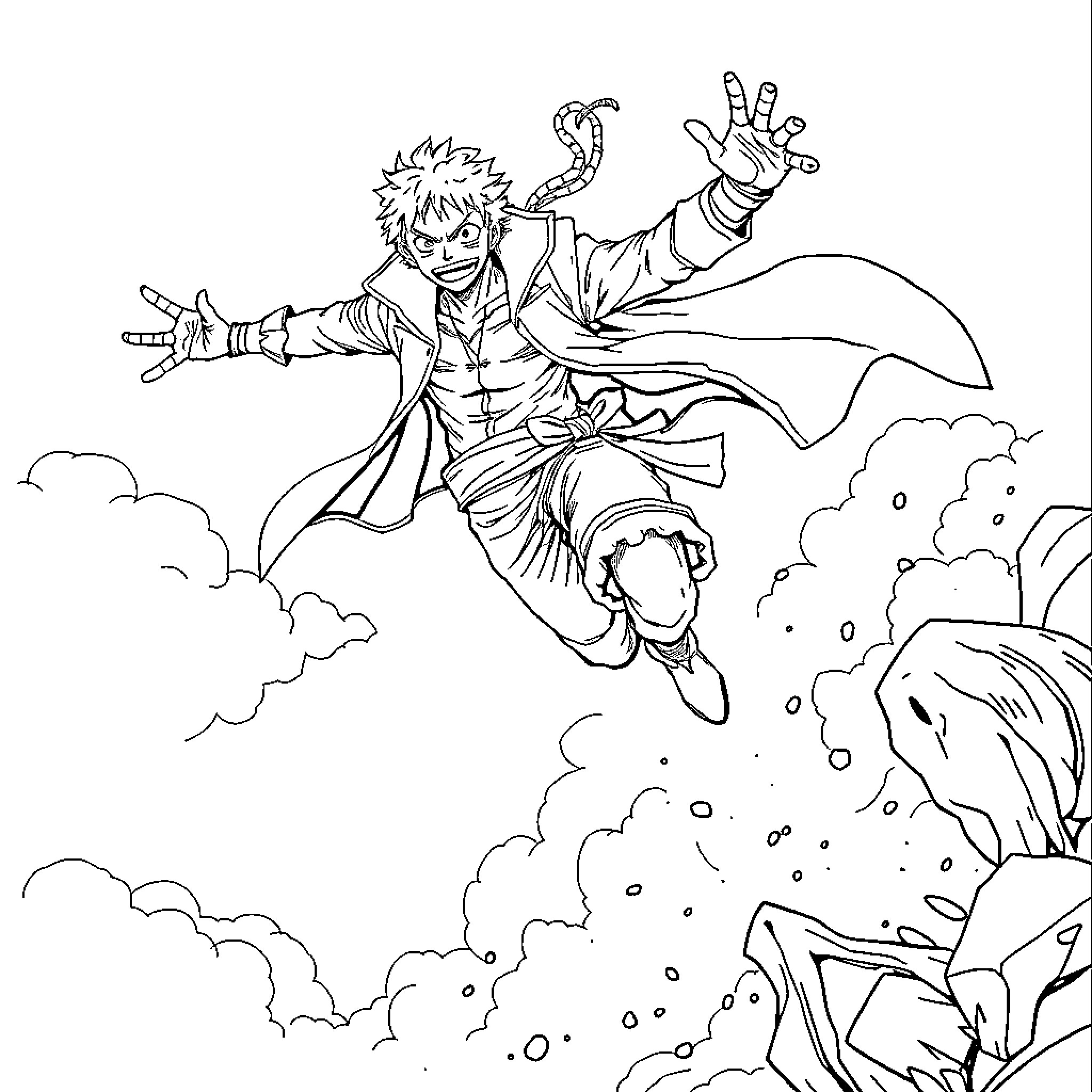Zoro leaping forward with an intense expression Coloring Page (free black-and-white line drawing printable PDF for all, from beginners to advanced learners, including children, teens, adults, and seniors)