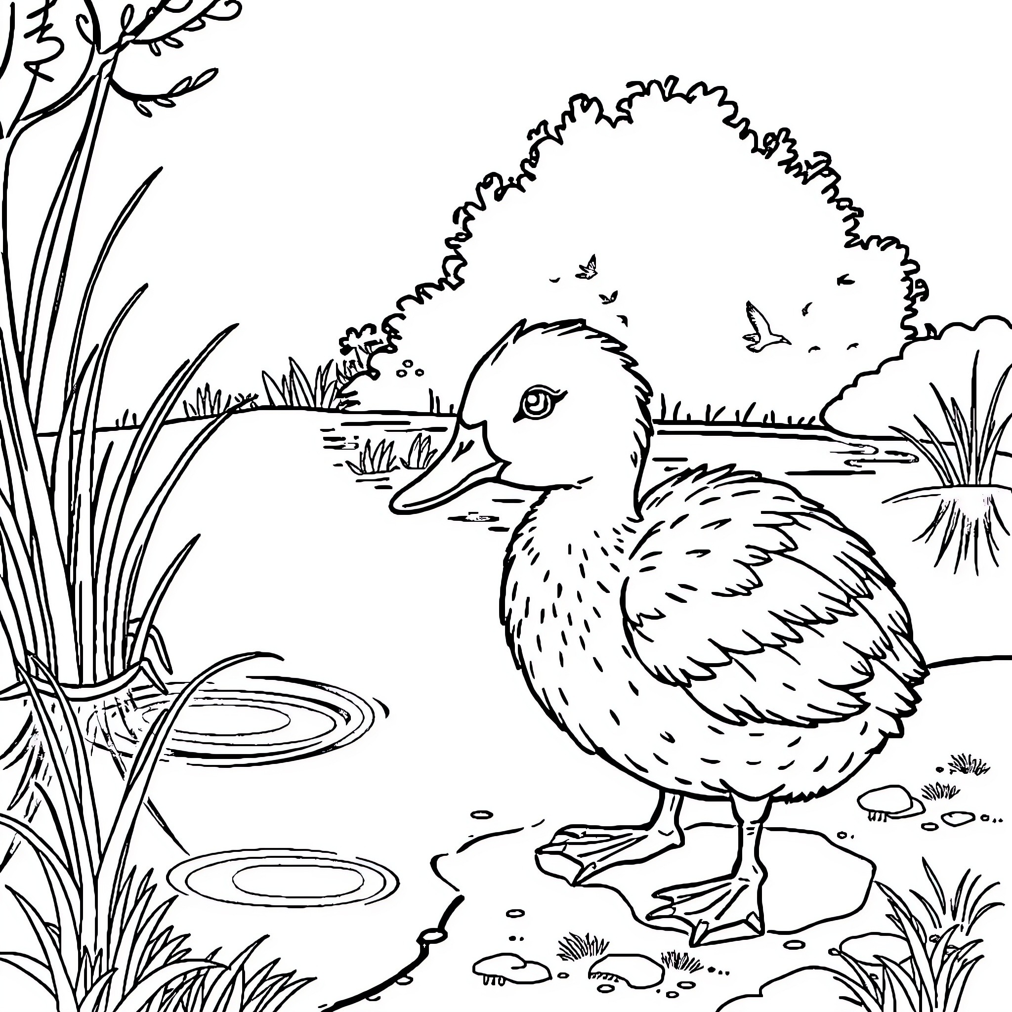 Duck exploring the serene pond landscape Coloring Page (free black-and-white line drawing printable PDF for all, from beginners to advanced learners, including children, teens, adults, and seniors)
