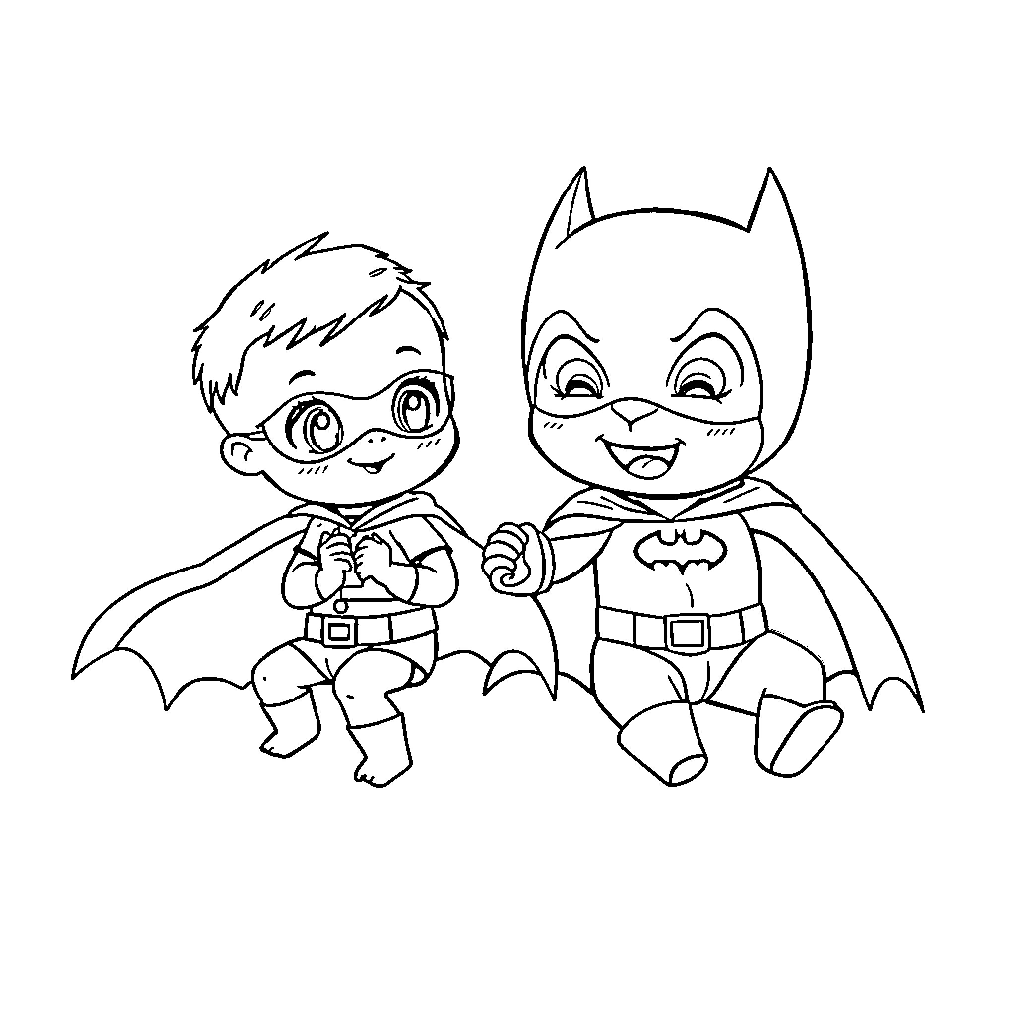 Robin and Batman posing playfully Coloring Page (free black-and-white line drawing printable PDF for all, from beginners to advanced learners, including children, teens, adults, and seniors)