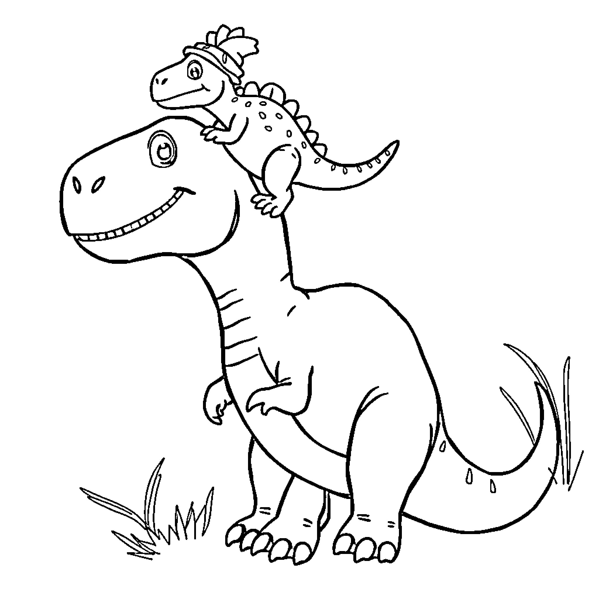 Dino friends enjoying nature together Coloring Page (free black-and-white line drawing printable PDF for all, from beginners to advanced learners, including children, teens, adults, and seniors)