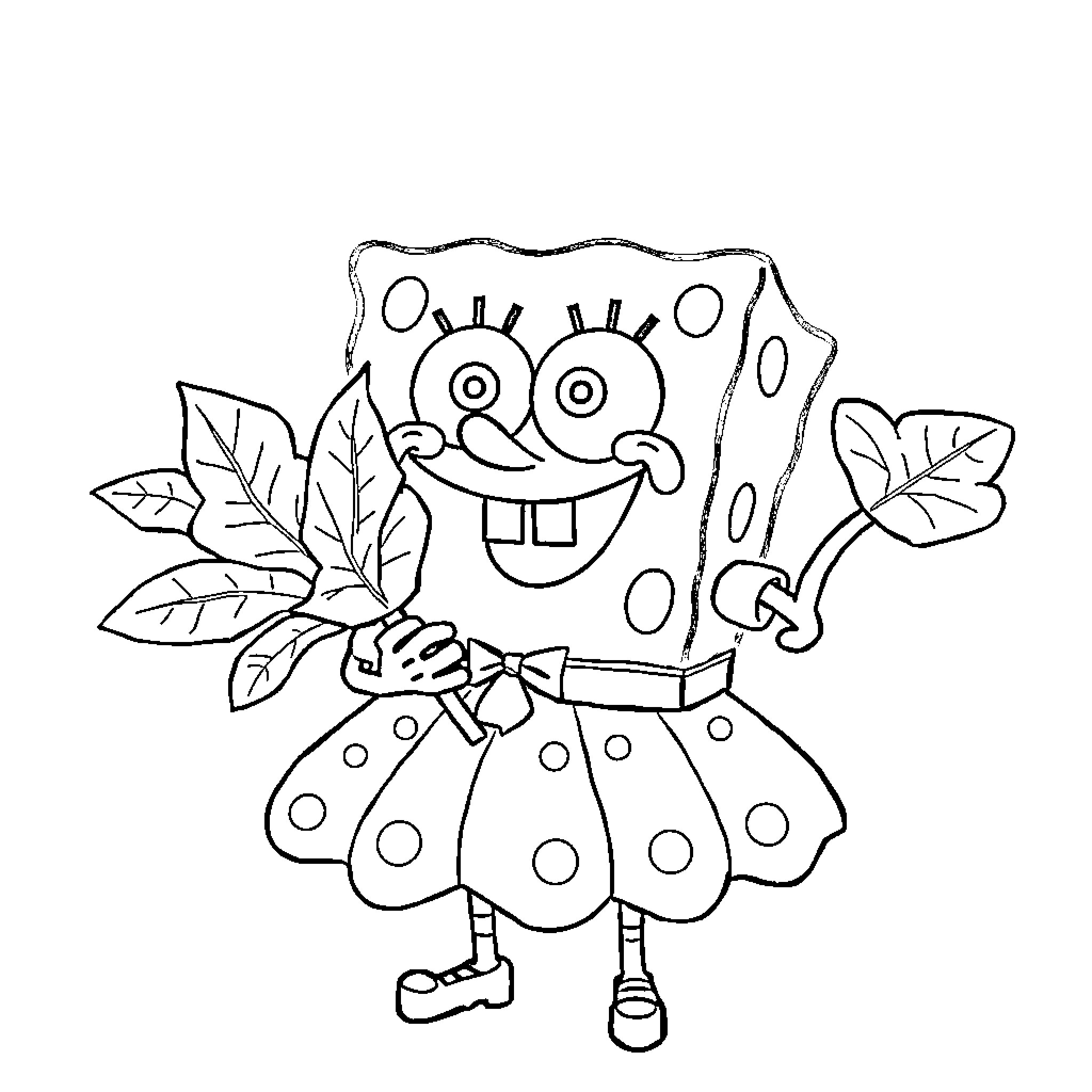 Spongebob holding nature themed objects with expressions Coloring Page (free black-and-white line drawing printable PDF for all, from beginners to advanced learners, including children, teens, adults, and seniors)