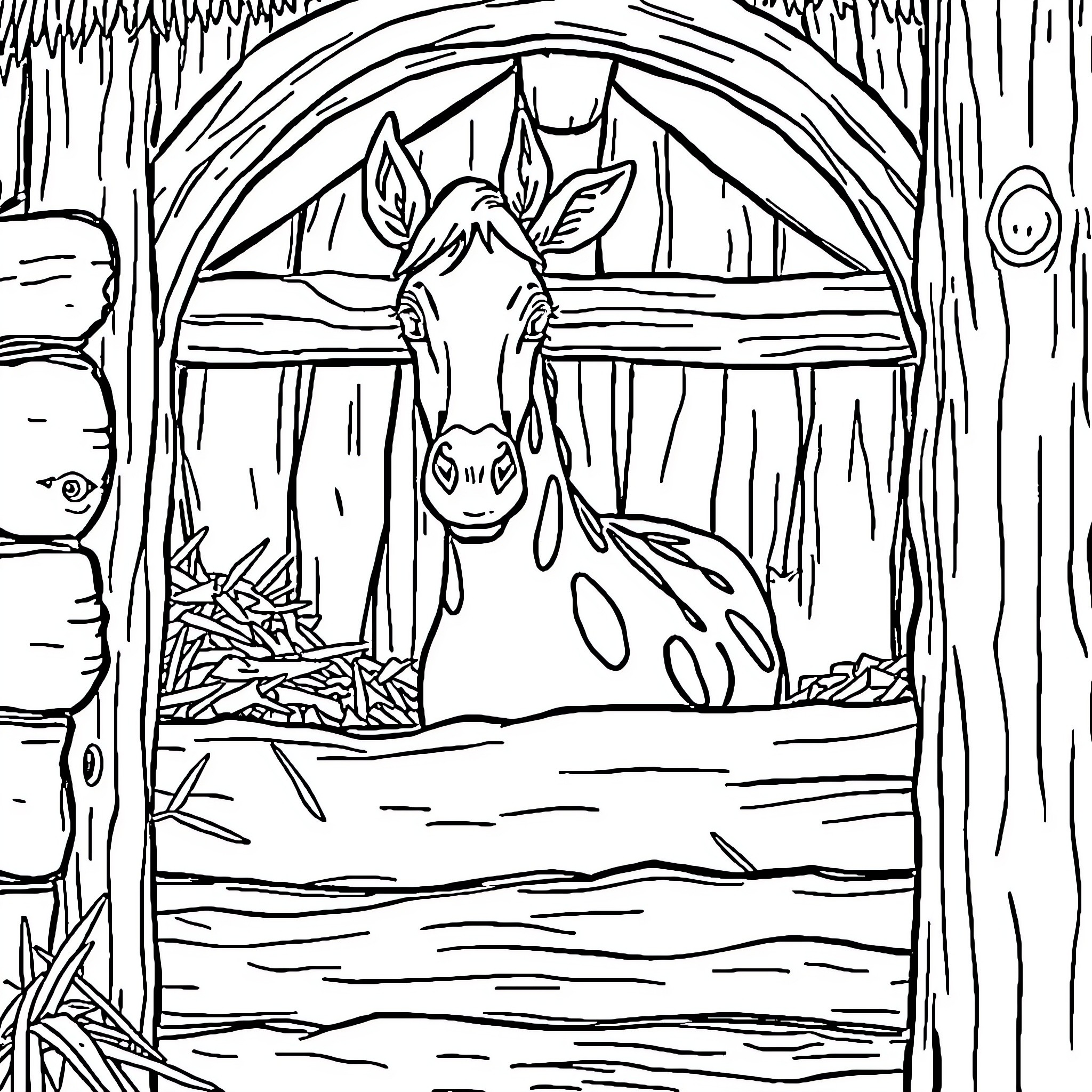 Animal in a wooden stable enclosure Coloring Page (free black-and-white line drawing printable PDF for all, from beginners to advanced learners, including children, teens, adults, and seniors)