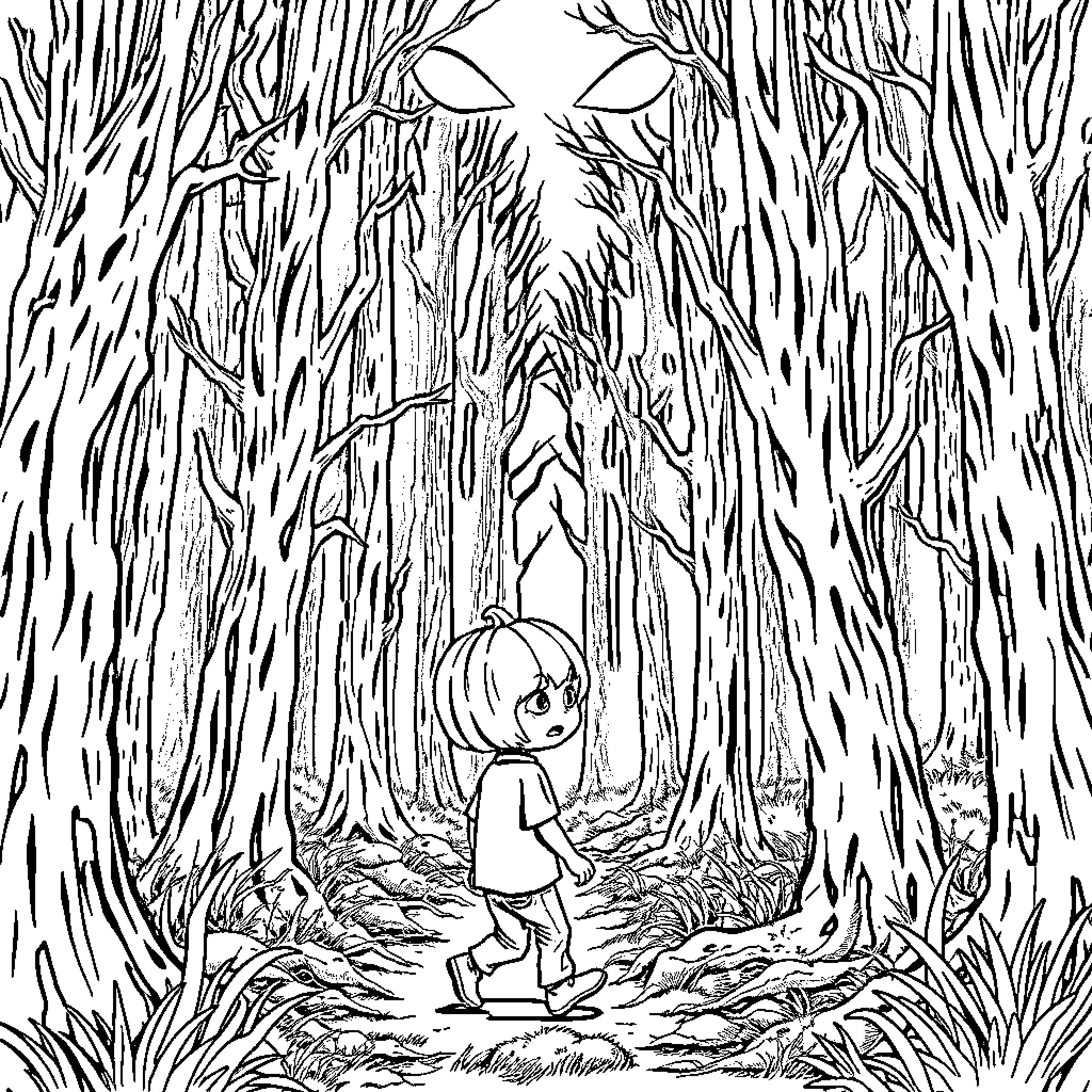 Boy walking through mysterious forest Coloring Page (free black-and-white line drawing printable PDF for all, from beginners to advanced learners, including children, teens, adults, and seniors)