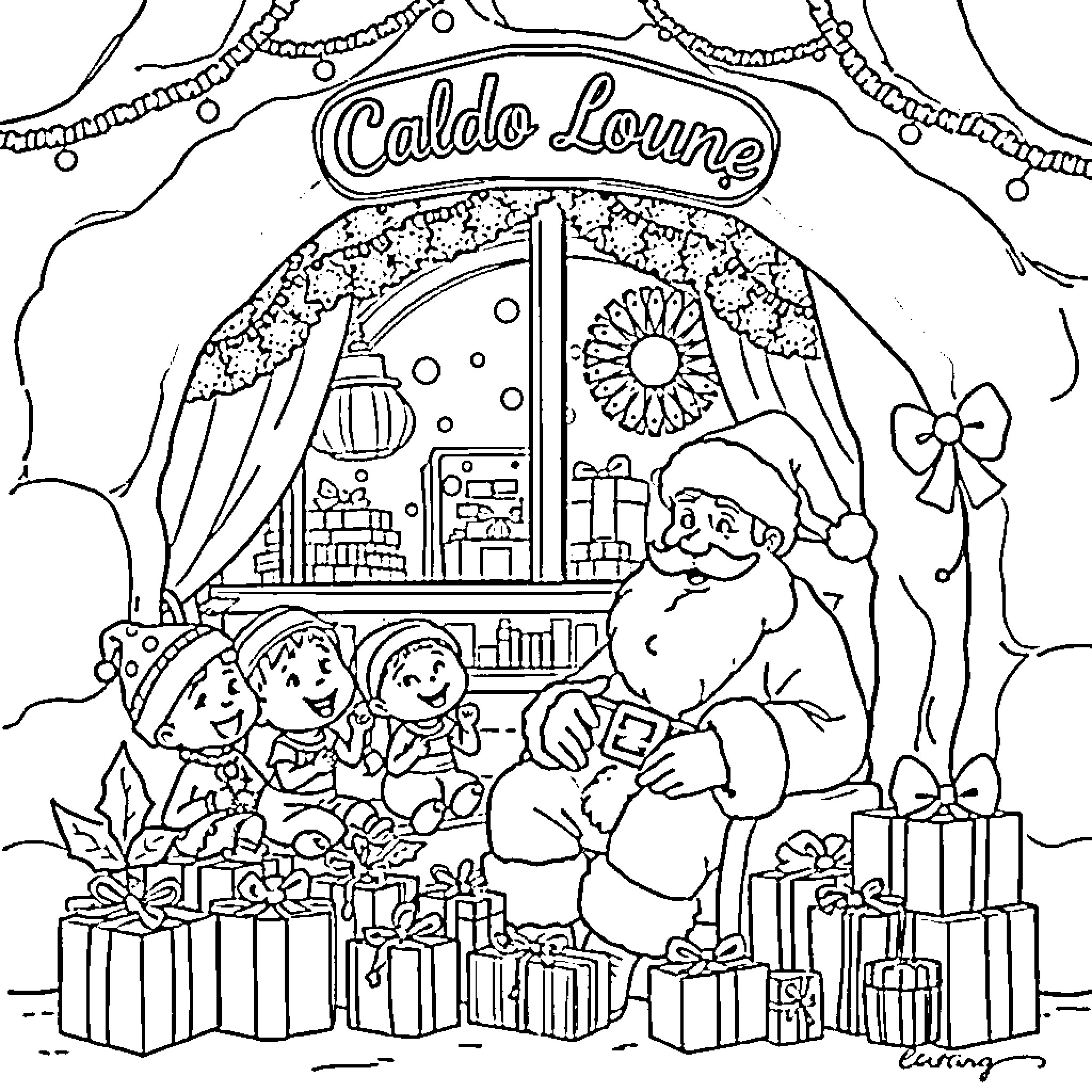 Santa greeting children at the Caldo Lounge Coloring Page (free black-and-white line drawing printable PDF for all, from beginners to advanced learners, including children, teens, adults, and seniors)