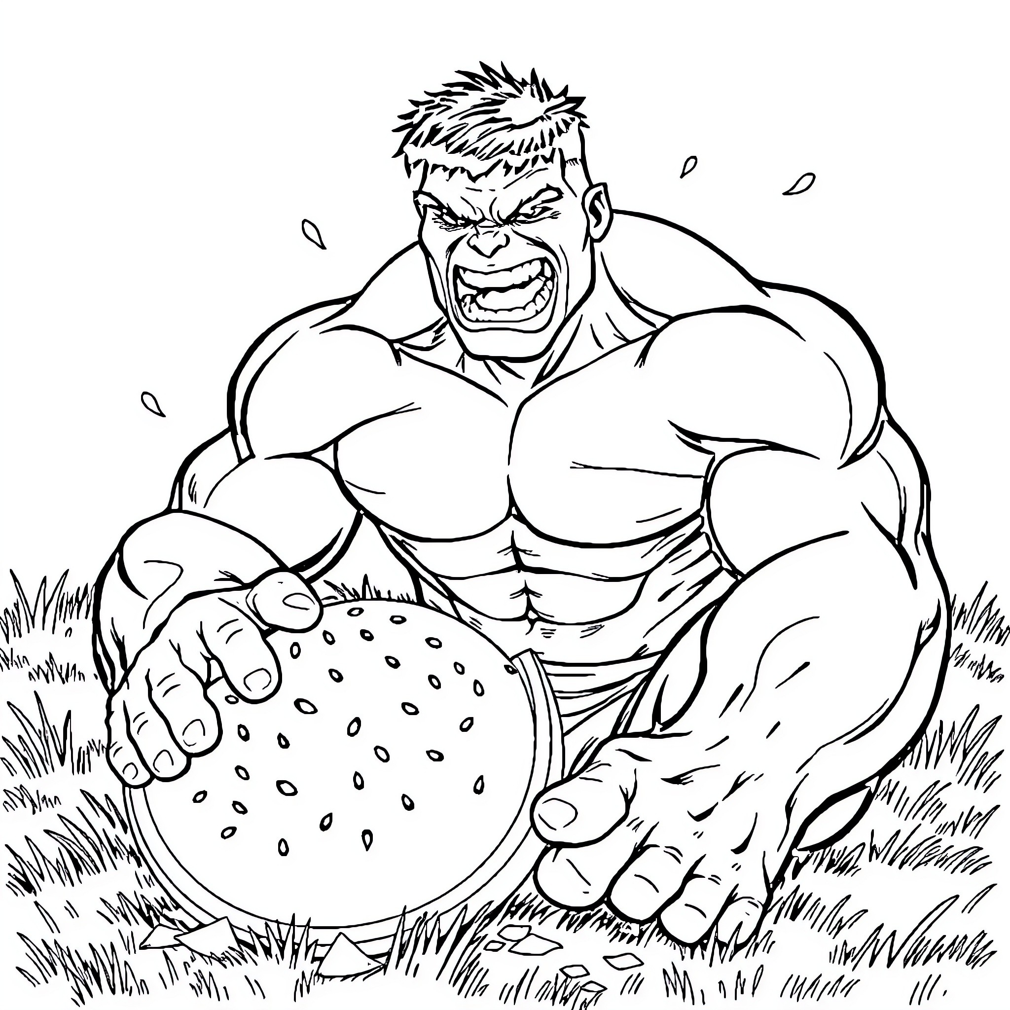 Hulk crushing a giant strawberry in the grass Coloring Page (free black-and-white line drawing printable PDF for all, from beginners to advanced learners, including children, teens, adults, and seniors)