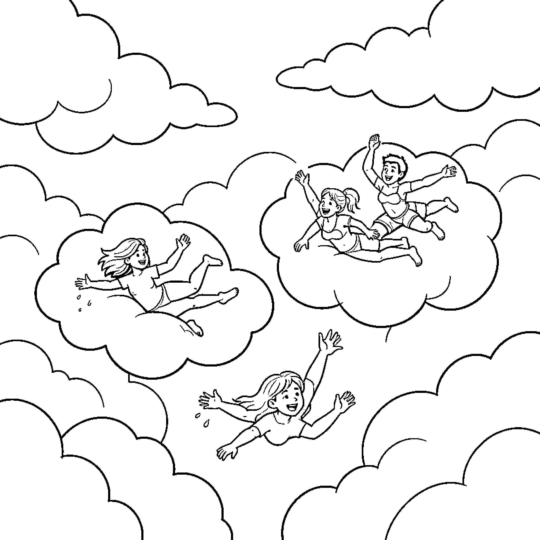 Cloud of playful children in the sky Coloring Page (free black-and-white line drawing printable PDF for all, from beginners to advanced learners, including children, teens, adults, and seniors)