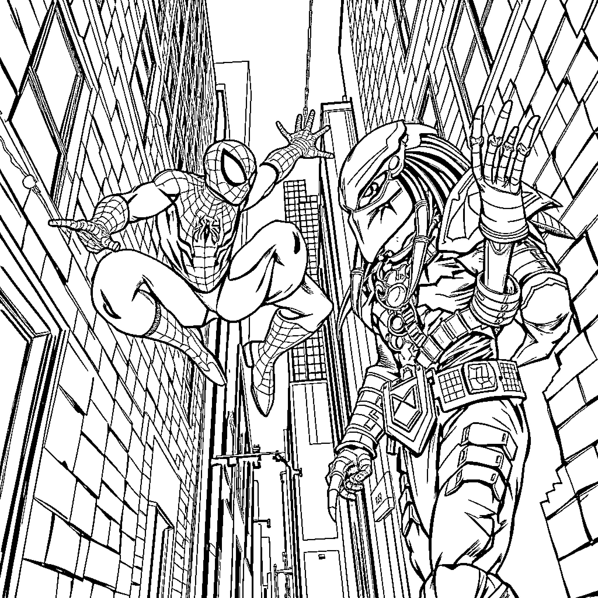 Spider-Man Battles Villainous Foe in Urban Metropolis Coloring Page (free black-and-white line drawing printable PDF for all, from beginners to advanced learners, including children, teens, adults, and seniors)