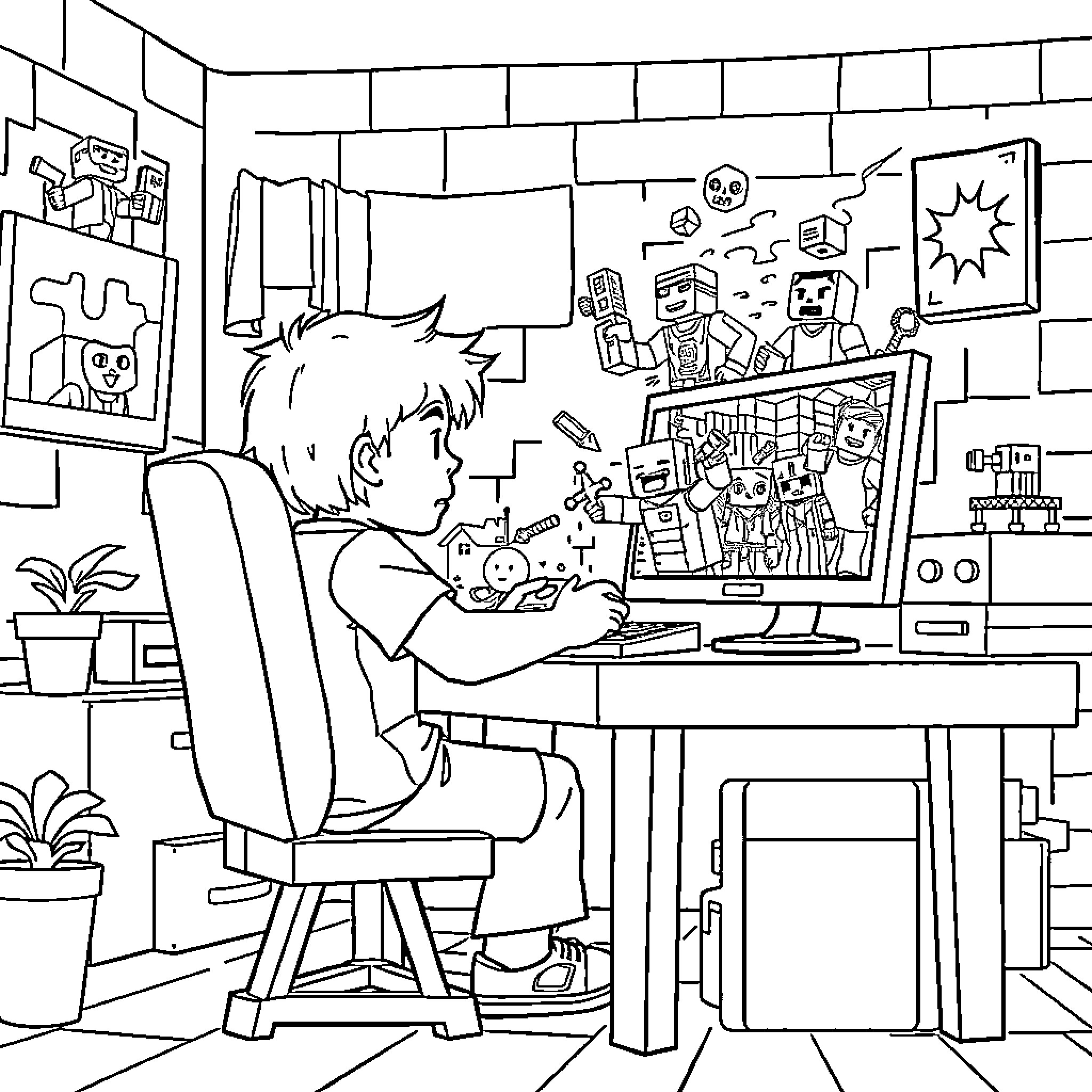 Gamer immersed in video game at desk Coloring Page (free black-and-white line drawing printable PDF for all, from beginners to advanced learners, including children, teens, adults, and seniors)