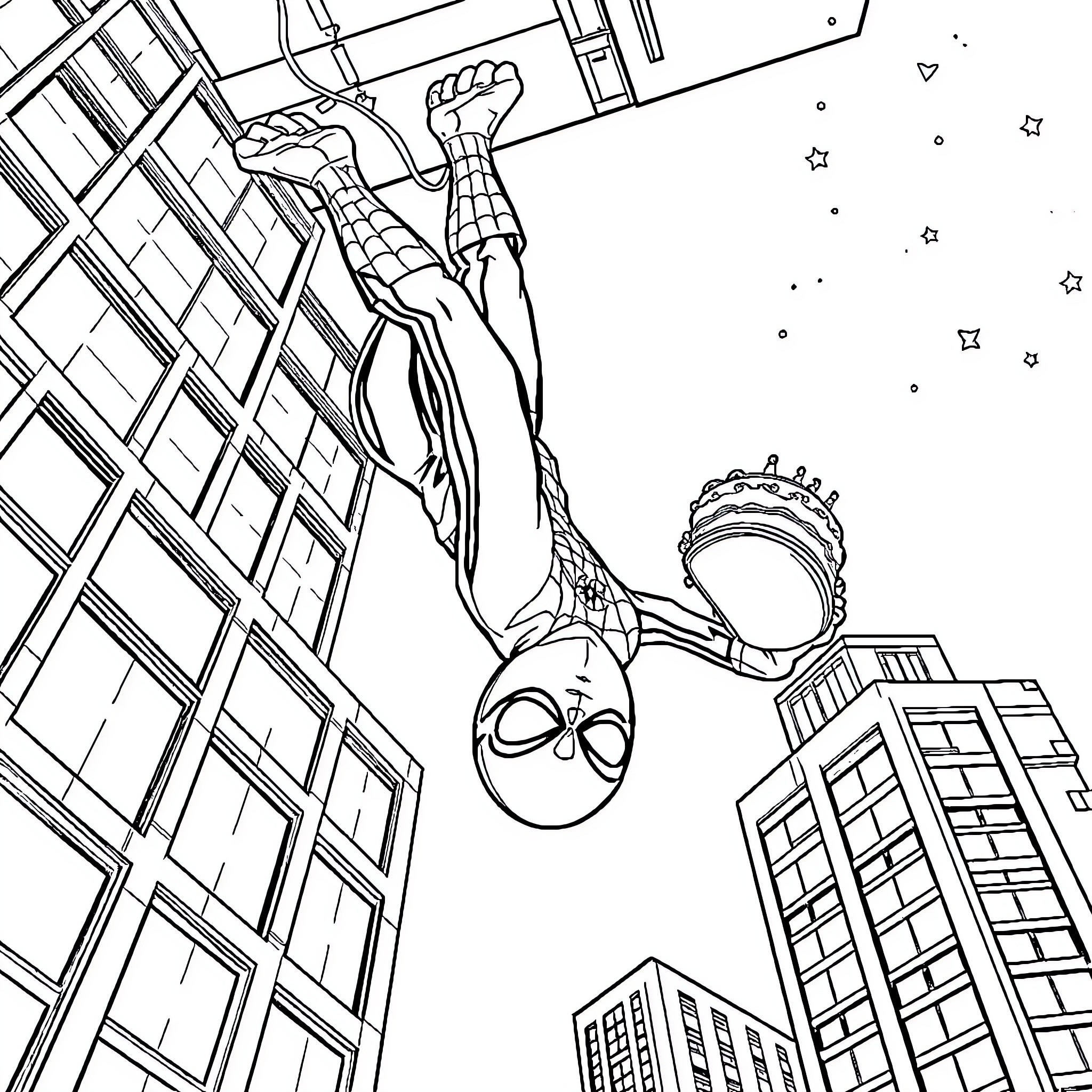 Spiderman swinging high above the city skyline Coloring Page (free black-and-white line drawing printable PDF for all, from beginners to advanced learners, including children, teens, adults, and seniors)