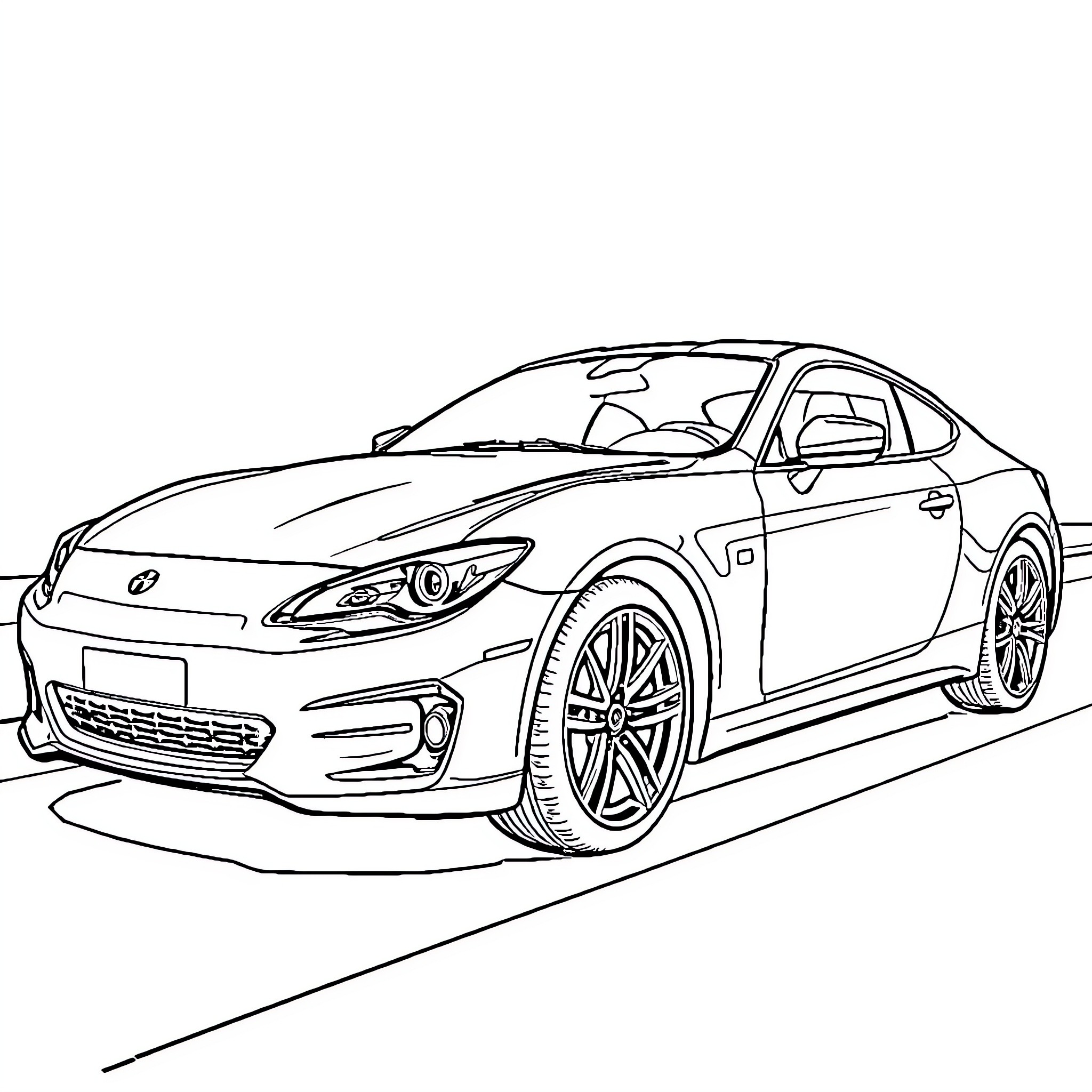Car with stylish appearance on the road Coloring Page (free black-and-white line drawing printable PDF for all, from beginners to advanced learners, including children, teens, adults, and seniors)
