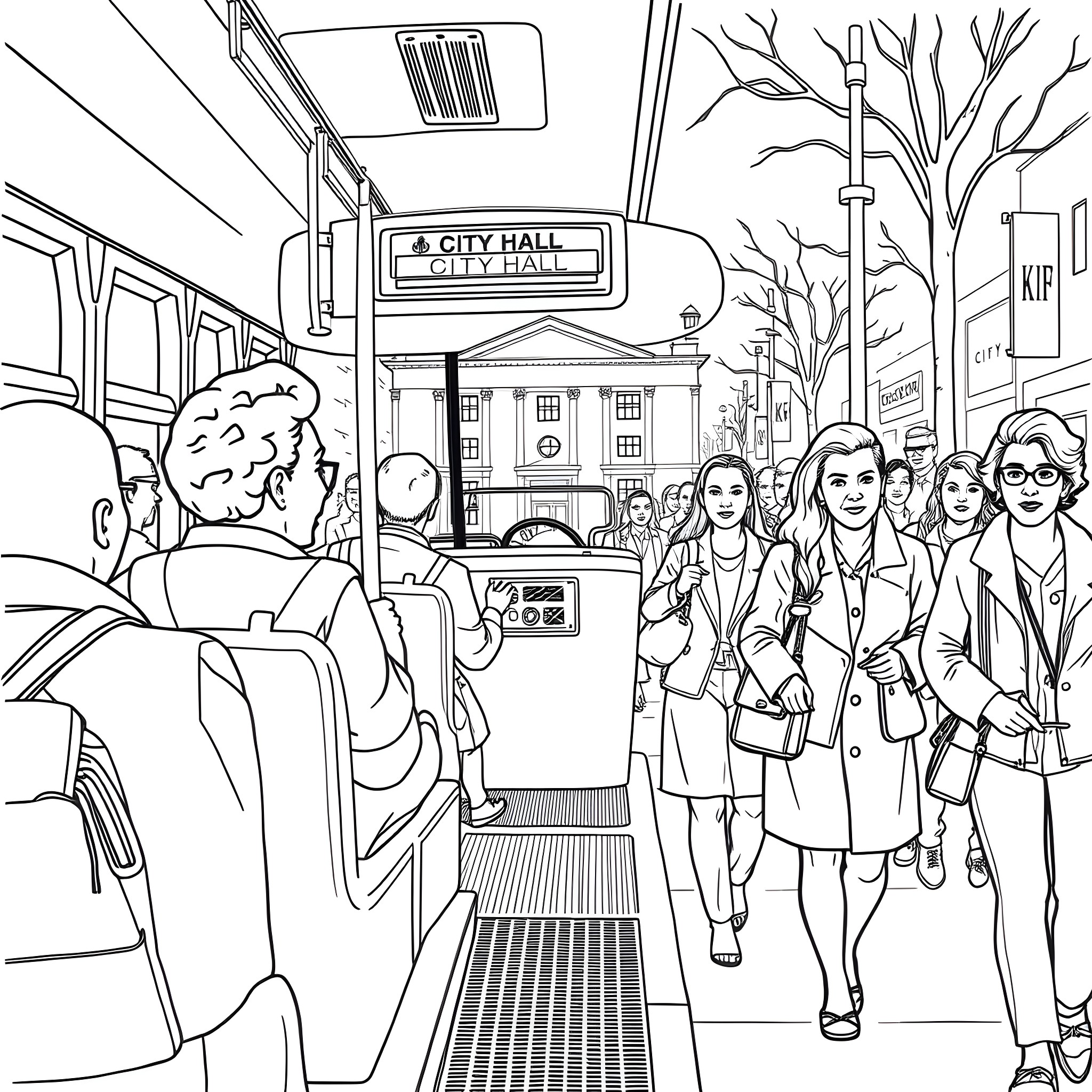 Rosa Parks on a city bus with diverse passengers Coloring Page (free black-and-white line drawing printable PDF for all, from beginners to advanced learners, including children, teens, adults, and seniors)
