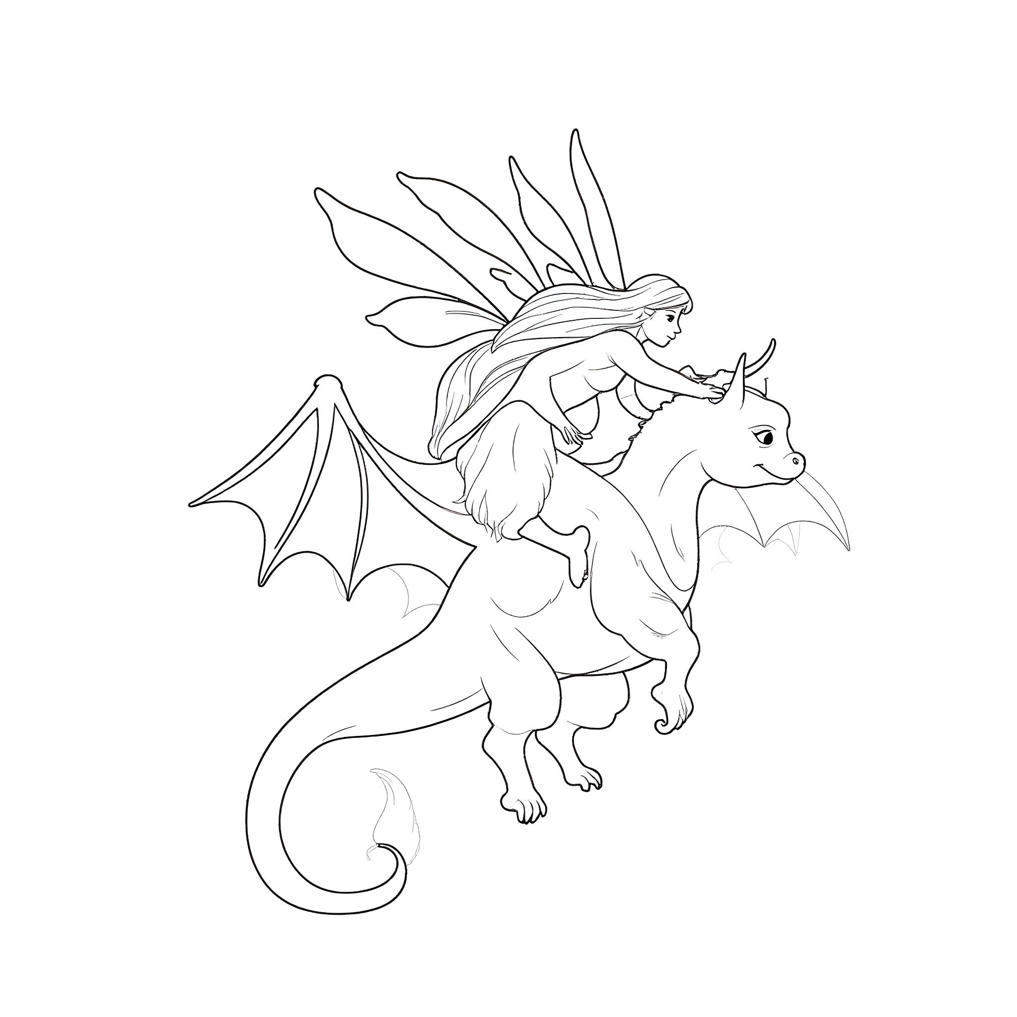 Fairy riding a magical dragon in flight Coloring Page (free black-and-white line drawing printable PDF for all, from beginners to advanced learners, including children, teens, adults, and seniors)