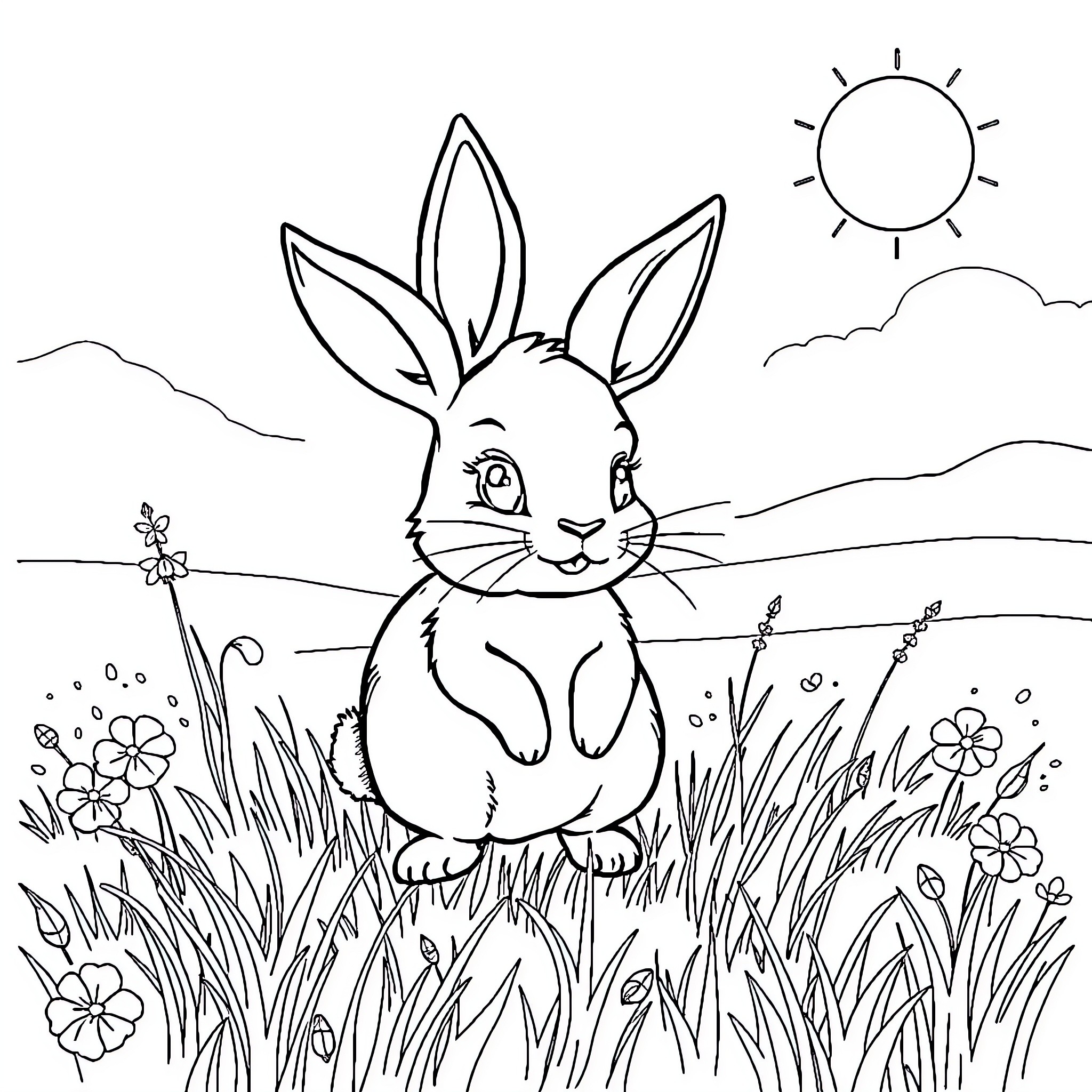 Rabbit sitting in a grassy field enjoying the sunny day Coloring Page (free black-and-white line drawing printable PDF for all, from beginners to advanced learners, including children, teens, adults, and seniors)