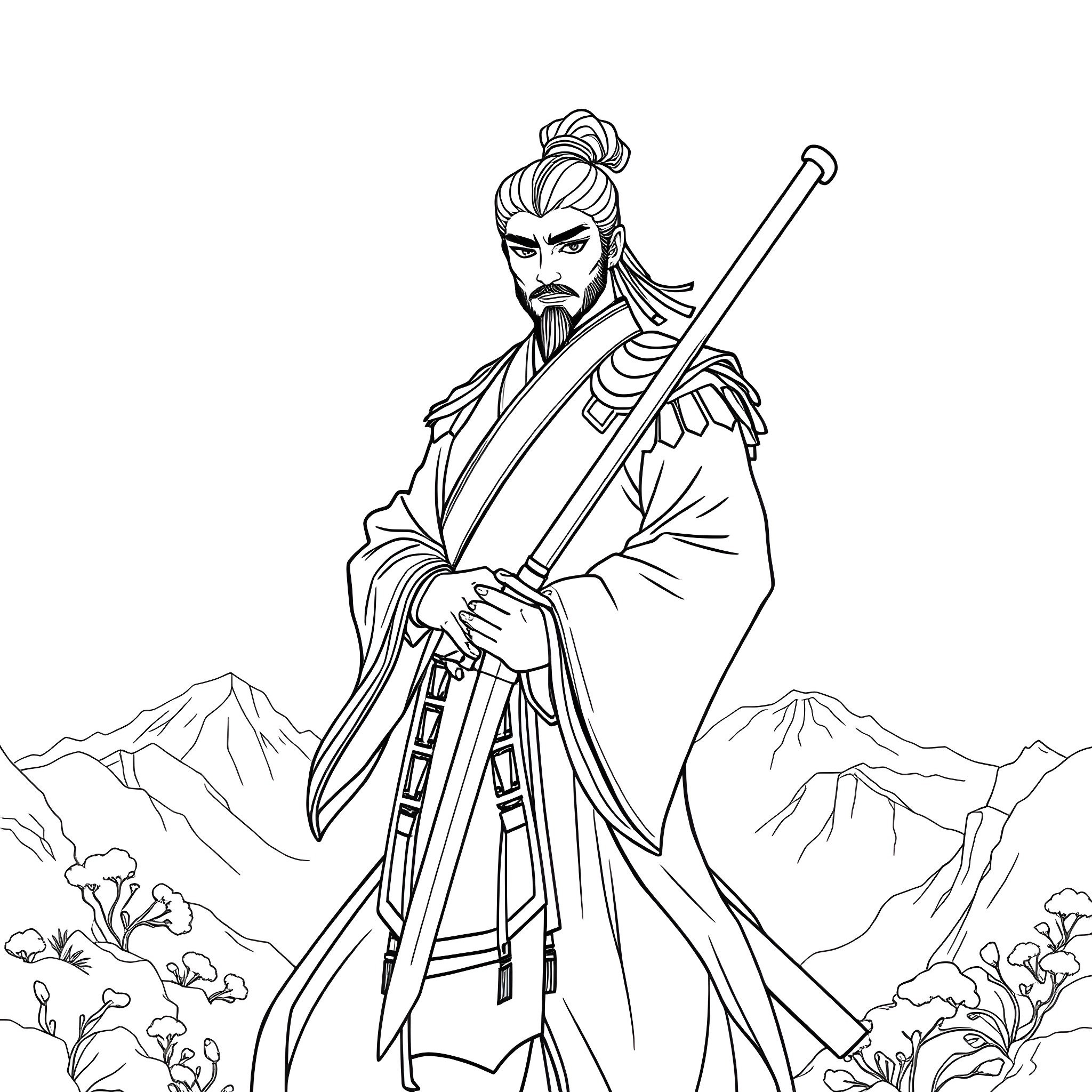 Li Shang, the Brave Warrior in the Mountainous Landscape Coloring Page (free black-and-white line drawing printable PDF for all, from beginners to advanced learners, including children, teens, adults, and seniors)